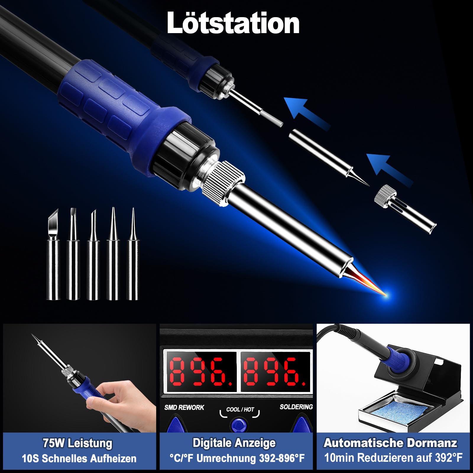 Yofuly 750W Lötstation, 2 in 1 Heißluft Lötstation Lötkolben Set 8786D SMD Entlötstation & Lötstationen 392°F -896°F Einstellbare Temperatur LED Digital Anzeige 5 Zusätzliche Lötspitzen (EU)