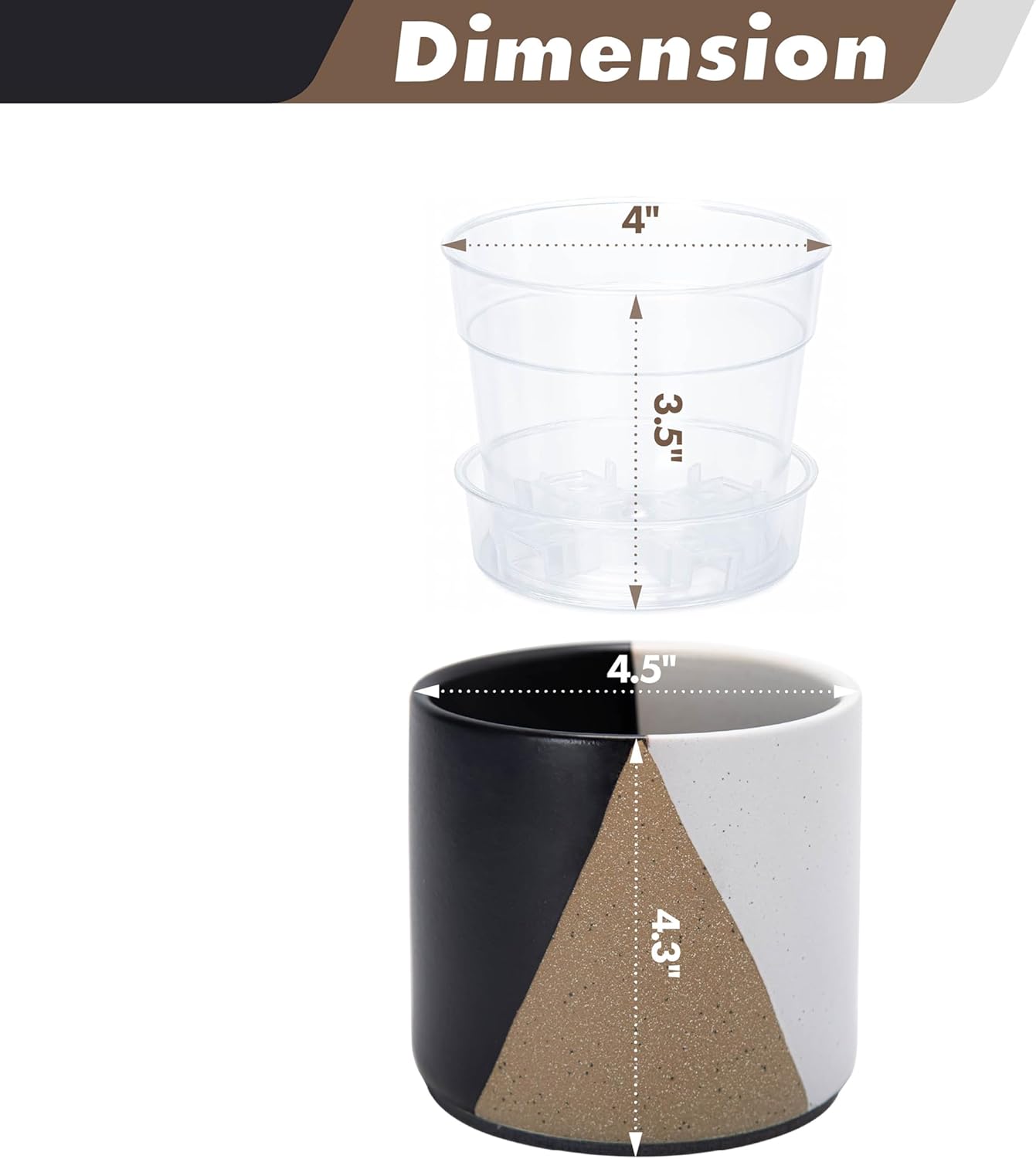 D'vine Dev 4.5" Stoneware Cachepot Planter with 4" Clear Nursery Pot & Detachable Saucer – Indoor Plant Pot with Drainage for Bottom Watering & Root Visibility, Midnight Mesa, Set of 2, 93-V-B-2