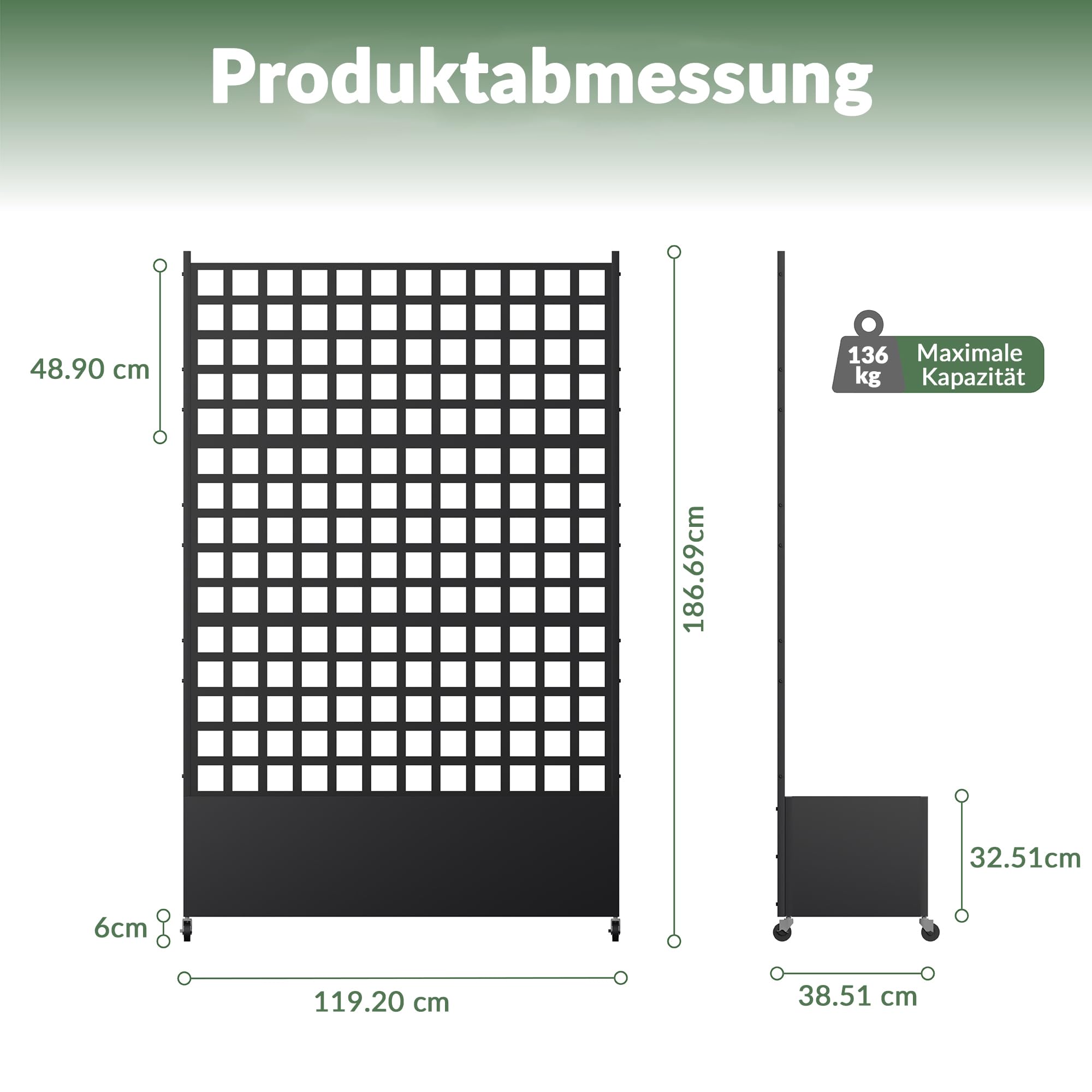 Hochbeet mit Sichtschutz 33cm tief | Metall Pflanzkasten mit Rankgitter & Rollen, wetterfest rostfrei, freistehend für Blumen, Kletterpflanzen, Tomaten, Garten Balkon Terrasse Privatsphäre(2 Stücke)