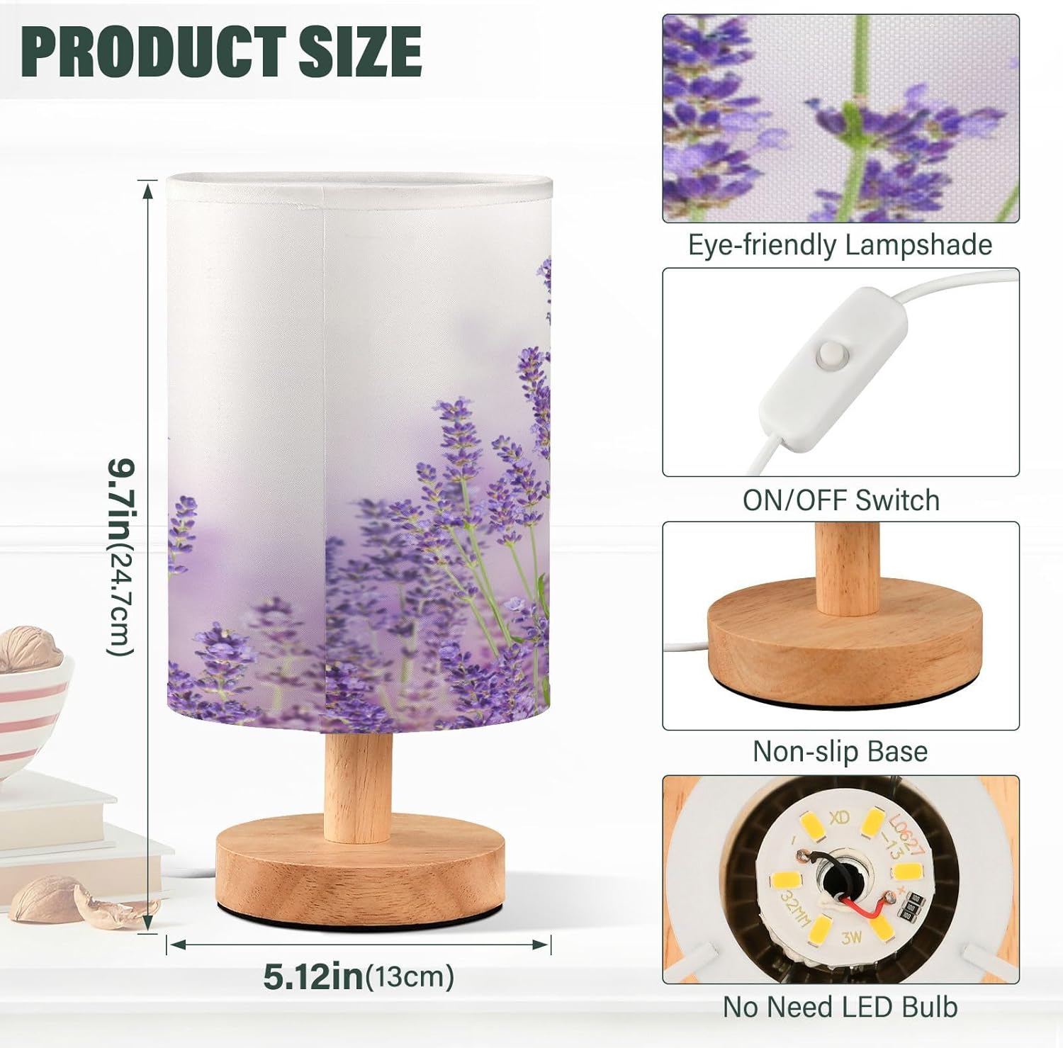 YETTASBIN Purple Lavender Bedside Table Lamp, Small LED Desk Light USB Nightstand Lamp with Non Slip Wood Base & Eye-Friendily Lampshade for Living Room Bedroom Dorm Home Office Desk Decor