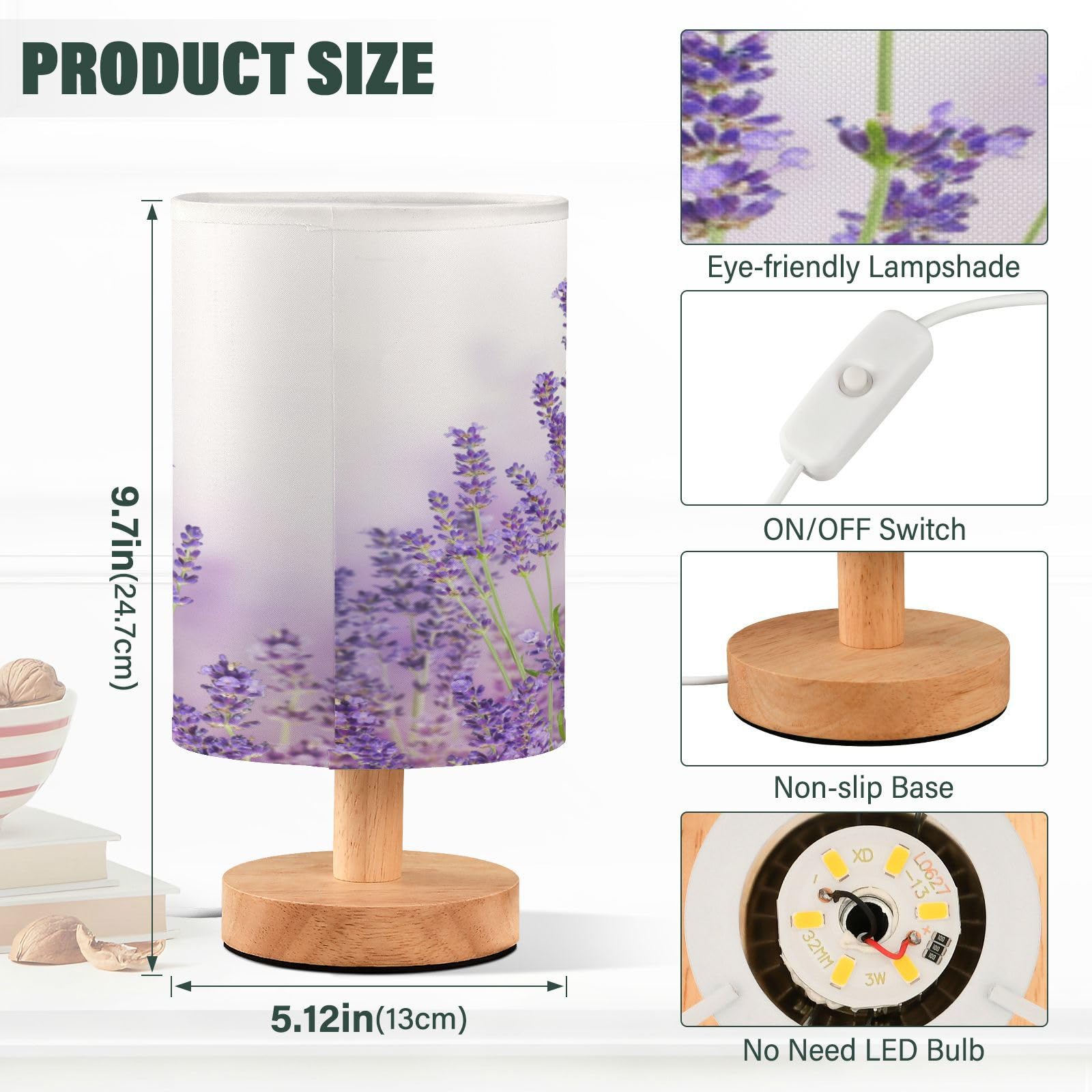 YETTASBIN Lámpara de mesita de noche de lavanda morada, pequeña luz LED de escritorio, lámpara de mesita de noche USB con base de madera antideslizante y pantalla agradable para los ojos para sala de
