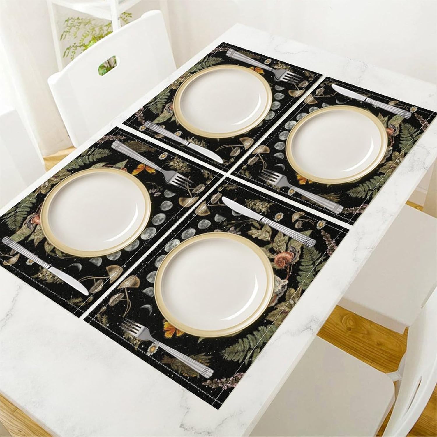 YCness Mushroom Kitchen Placemat, Boho Vintage Wild Flower Gothic Witchy Moonlit Forest Plant Linen Placemat for Home Party Kitchen Living Room 18x12 Inch, 4PCS