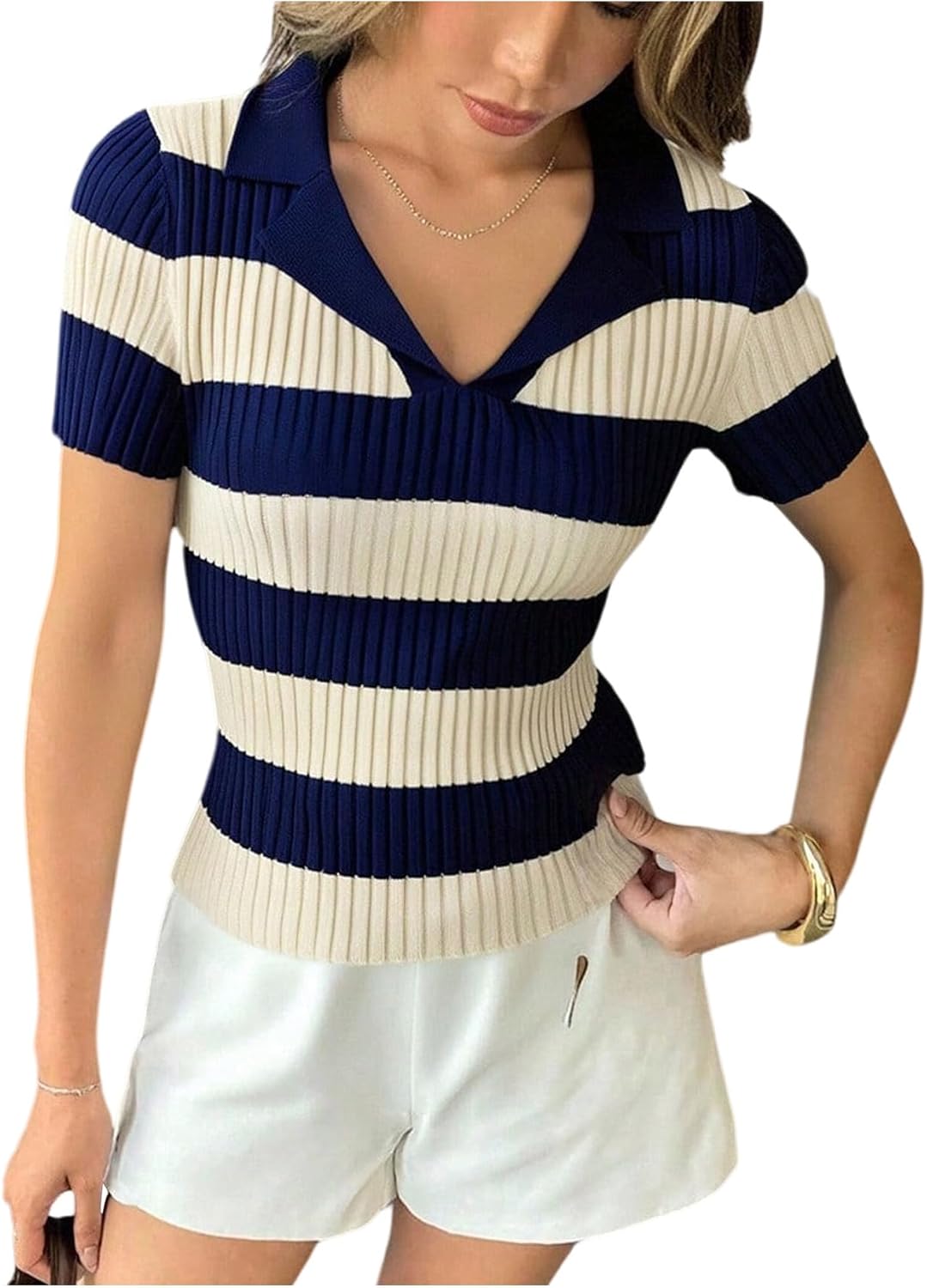 OYOANGLE Women's Color Block Striped Collared V Neck Sweater Short Sleeve Ribbed Work Dressy Knit Tops