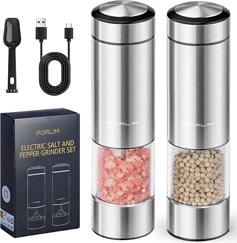 FORLIM Juego de molinillo eléctrico recargable de sal y pimienta, molino automático de operación con una sola mano con luz (2 mills), agitadores