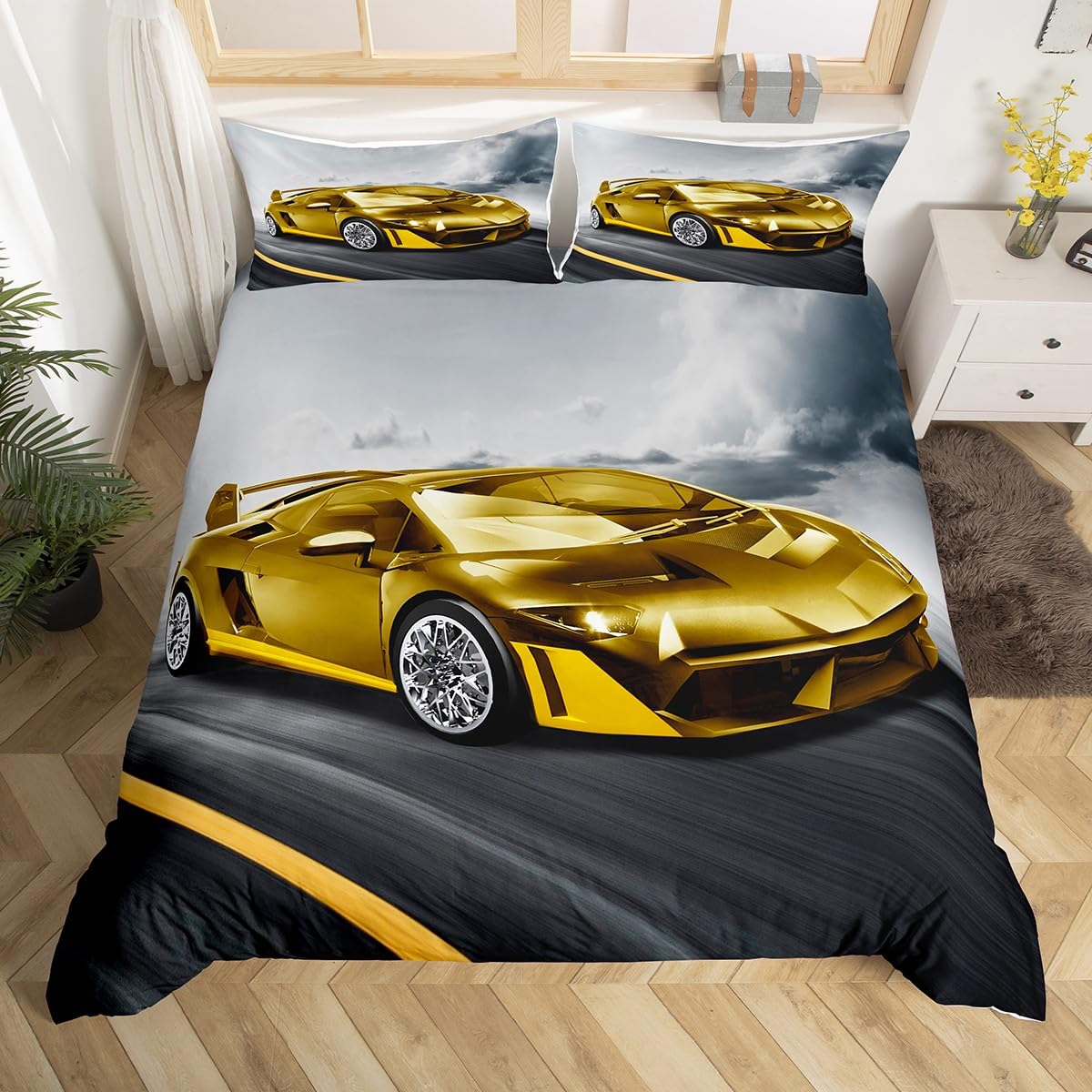 Housse de couette garçon 140x200 voiture de course sport jaune gris