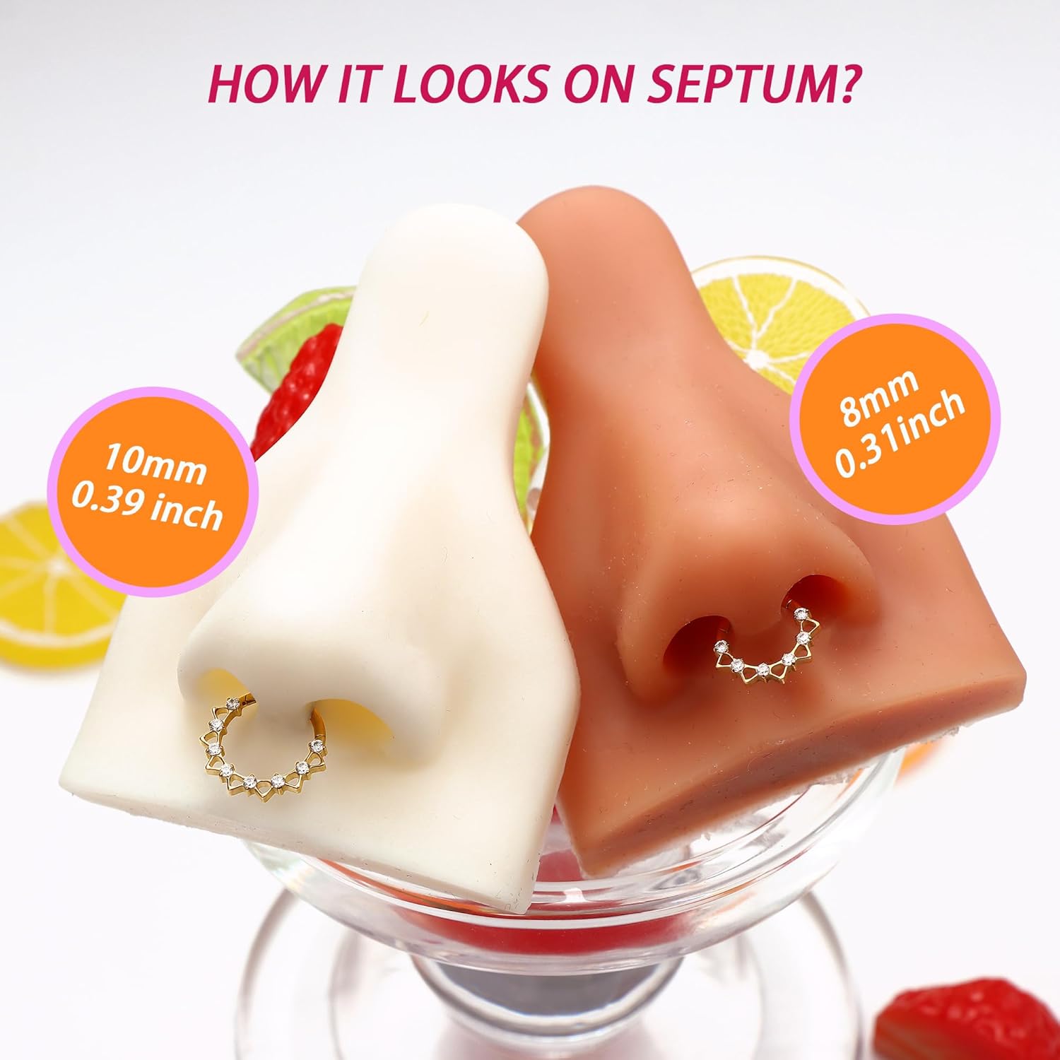 BodyBonita 16G Septum Rings Pink/Red/Green/Clear CZ, G23 Titanium Nose Ring Hoops, Septum Jewelry Clicker, Conch Helix Tragus Rook Daith Piercings for Women Men Silver/Gold 8/10 mm - Image 5