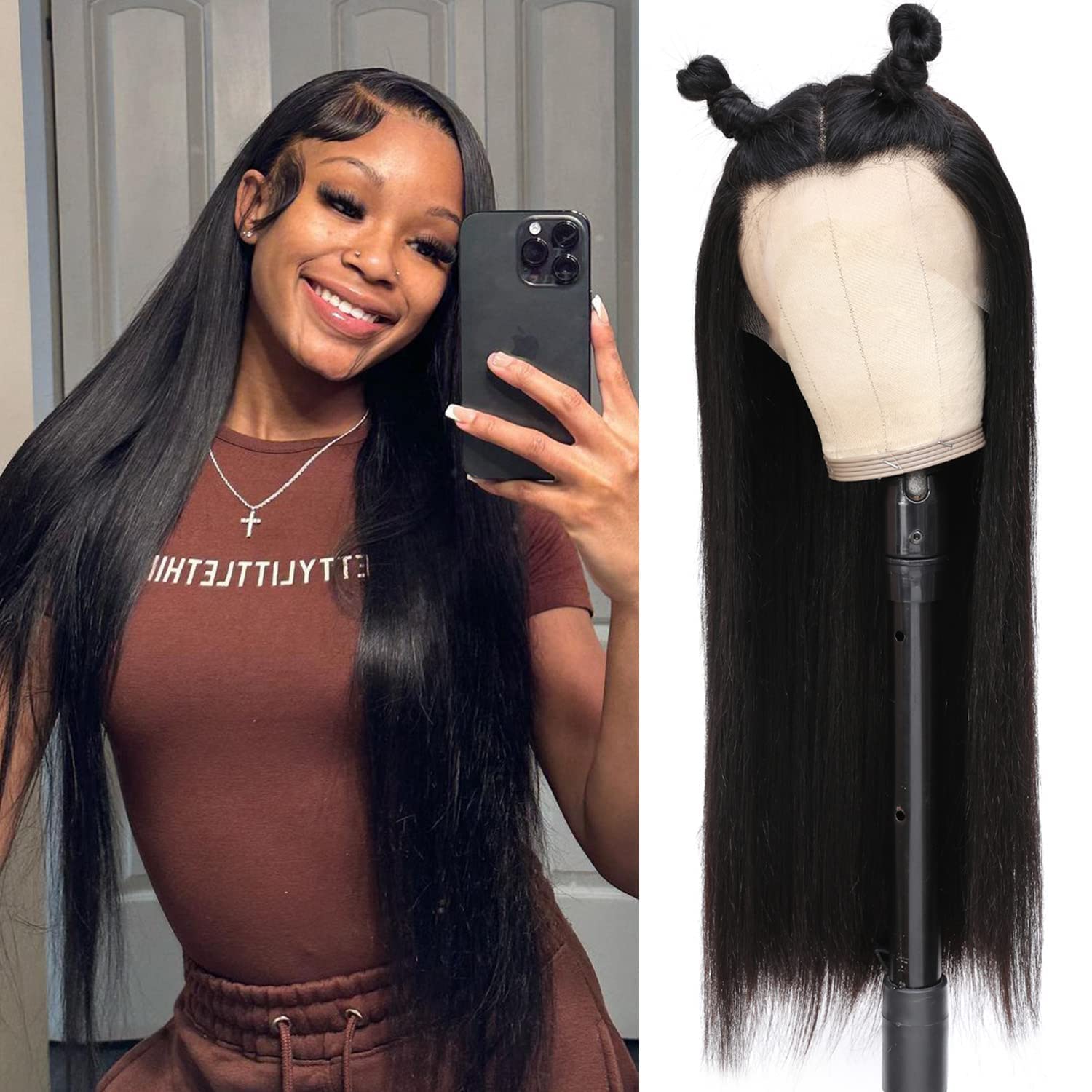 Lace Front Wigs Human Hair 200 Density Real Human Hair HD Transparent 13x4 Lace Frontal Wig with Baby Hair for Black Women Pre-Plucked Straight Natural Color 22 Inch