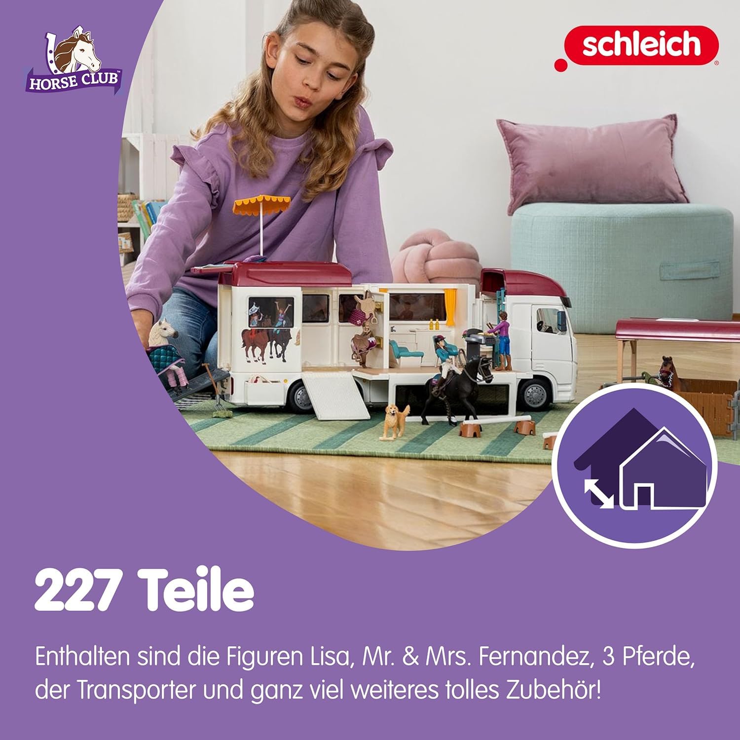 Schleich Horse Club | Pferdetransporter 42619 | ab 5 Jahren | 227 Teile | Pferde Spielzeug mit Wohnmobil, Transporter, Pferdebox, 3 Pferden, 3 Figuren & Pool mit echtem Wasser | Geschenk für Kinder