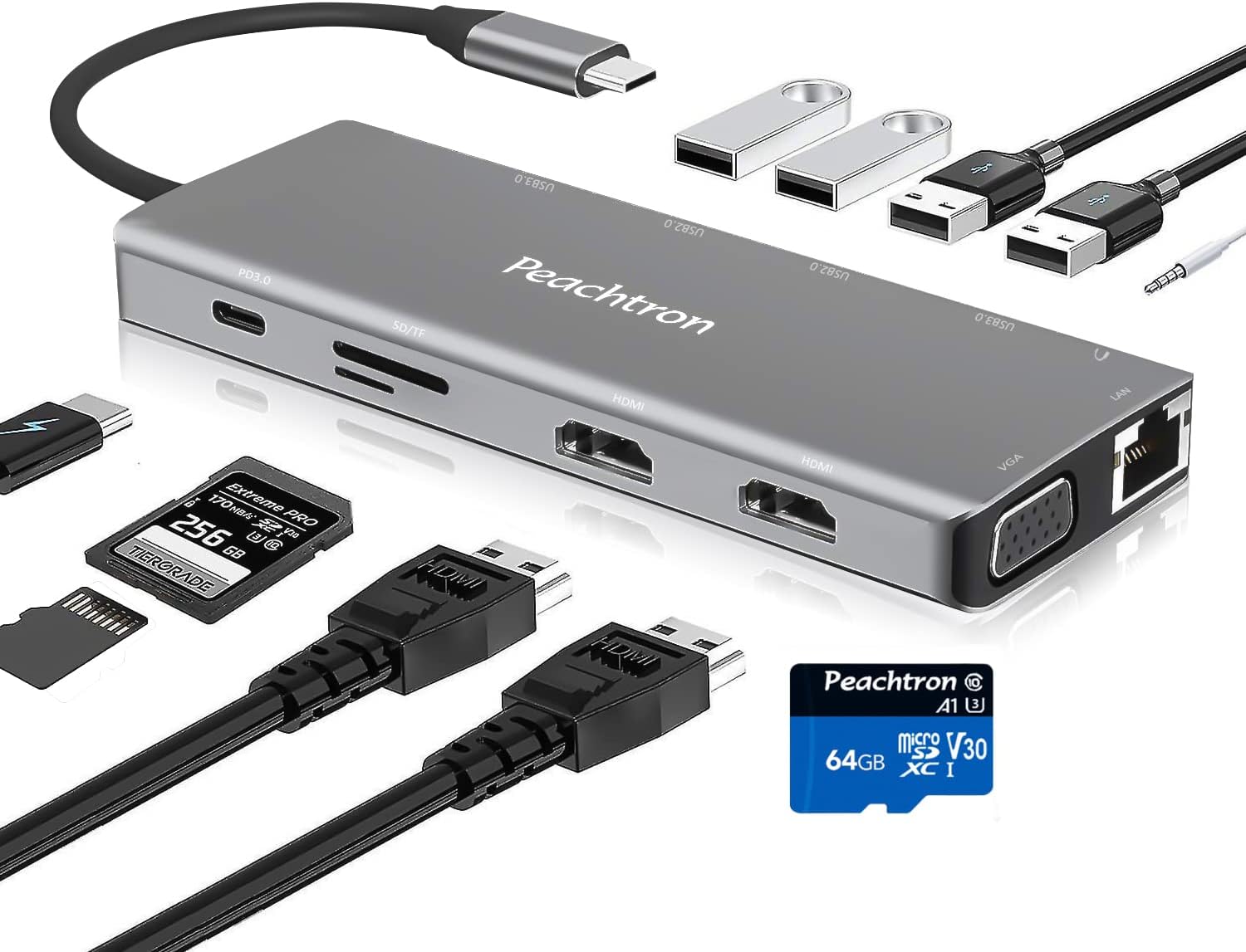 12 in 1 USB C Hub with 64GB SD Card, Dual 4K HDMI, USB C to