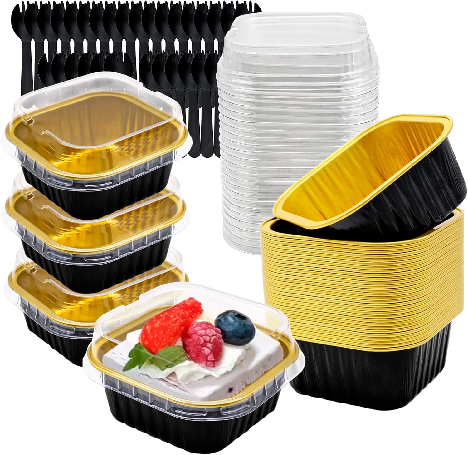 30Pcs Mini Cake Baking Cups with Lids and Spoons, 150ml Square Reusable Aluminum Foil Baking Cups, Small Loaf Pans Cake Boxes for Bread Dessert Wedding Birthday Picnic Party (Black Gold)