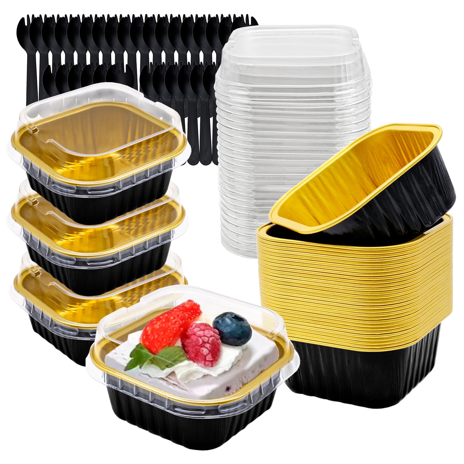 FORYNXHWIN 30Pcs Mini Cake Baking Cups with Lids and Spoons, 150ml Square Reusable Aluminum Foil Baking Cups, Small Loaf Pans Cake Boxes for Bread Dessert Wedding Birthday Picnic Party (Black Gold)