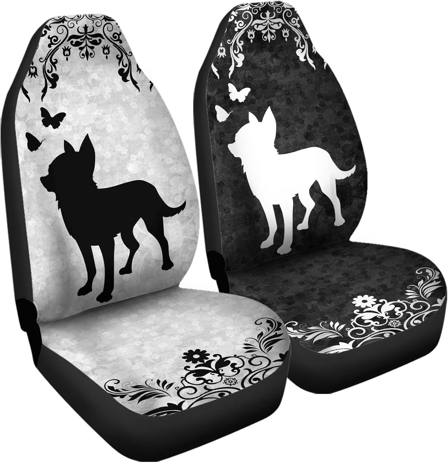 Howilath Car Seat Cover Universal Black & Grey Baroque Chihuahua Floral Printed Hippie Van Auto Front Seats Covers 2 Sets