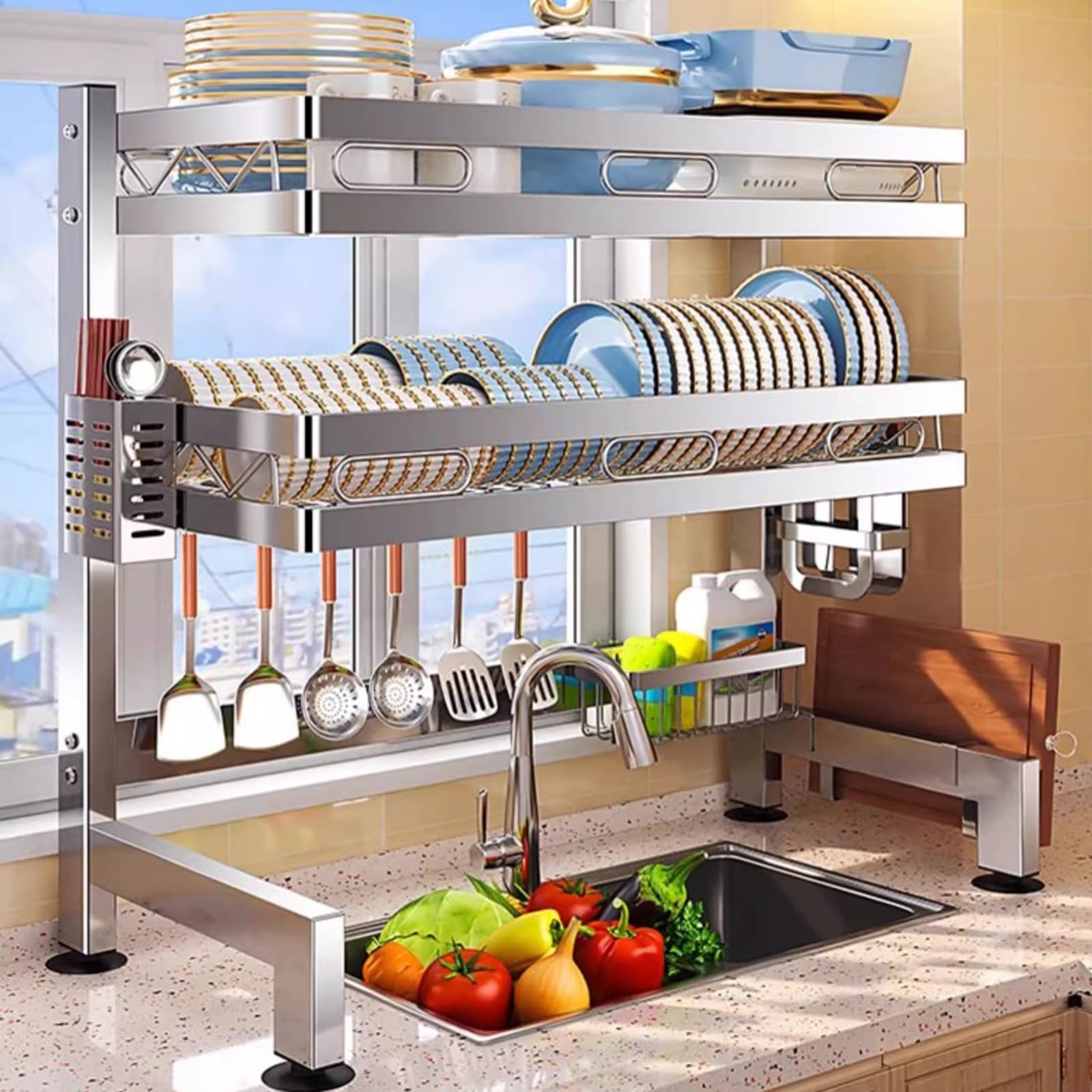 Over The Sink Dish Drying Rack, 2-Tier 304 Stainless Steel Dish Drainer Rack, Multifunctional Kitchen Counter Storage Shelf, Sturdy Load-Bearing(65cm/25.5in)