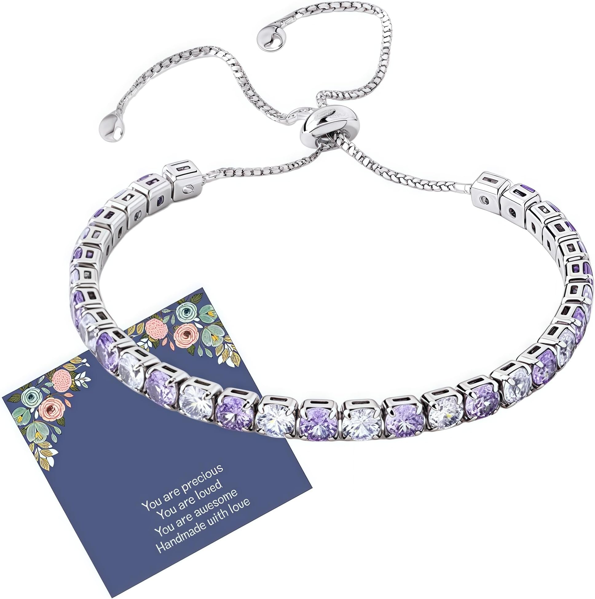 Tennis Bracelets for Women Silver Dainty Birthstone Bracelet with Crystal Zirconia - Birthday Valentine's Day Christmas Jewellery Gifts for Women Mum Sisters Girlfriend