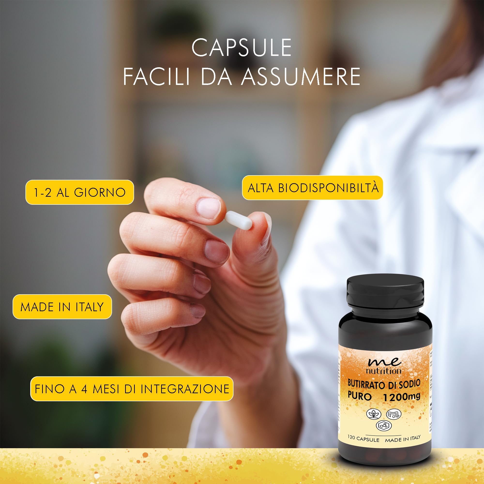 Butirrato di Sodio Puro 1200mg per dose - 120 Capsule - Supporto al Microbiota Intestinale, Benessere per Intestino e Funzionalità Digestiva - Fonte di Acido Butirrico - Made in Italy Me Myeasy