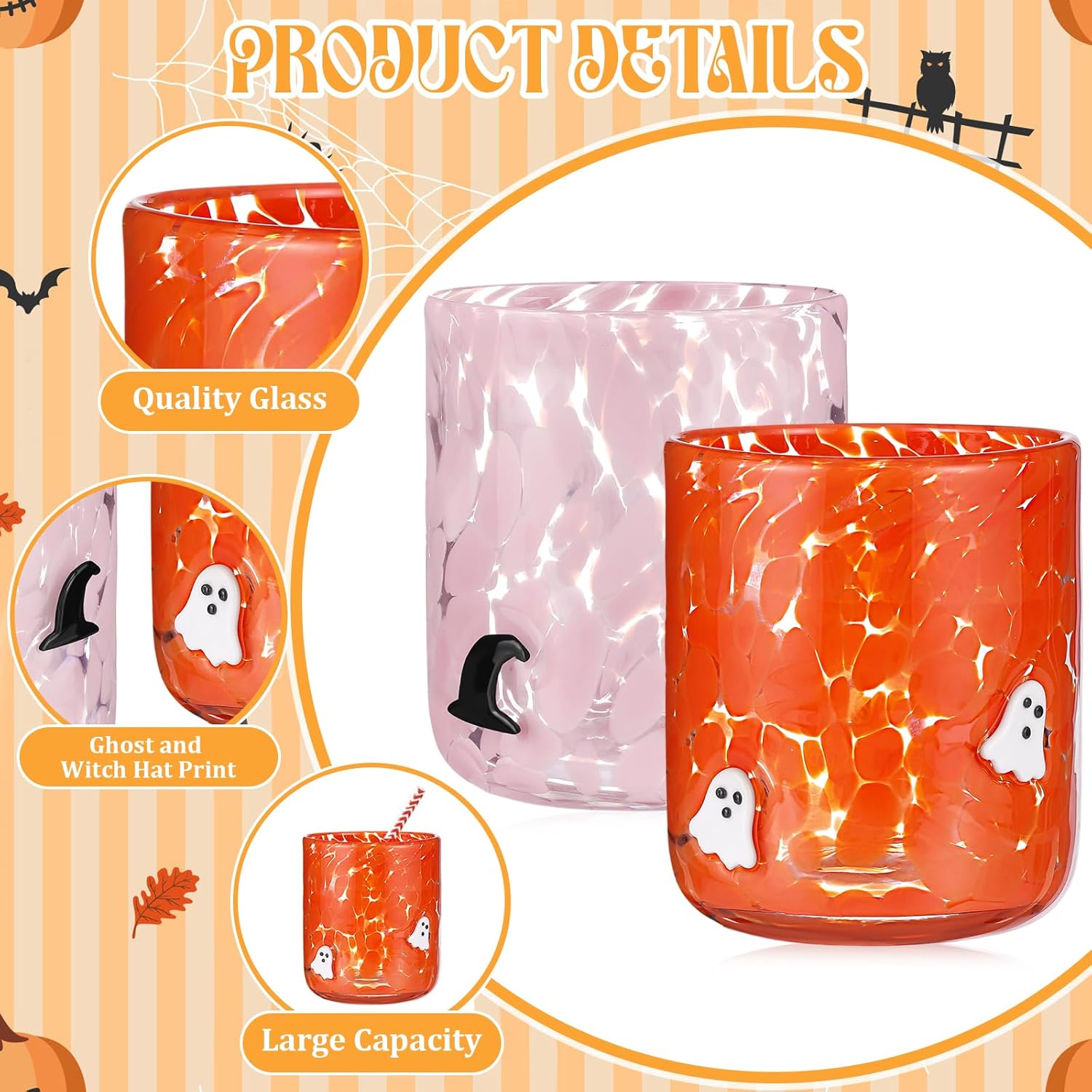 Yoiemivy 2 Pack Halloween Icon Juice Glasses 14 oz Double Old Fashioned Icon Handblown Stemless Wine Glasses Cute Ghost Glass Drinking Cups for Halloween Fall Party Supplies - Image 3
