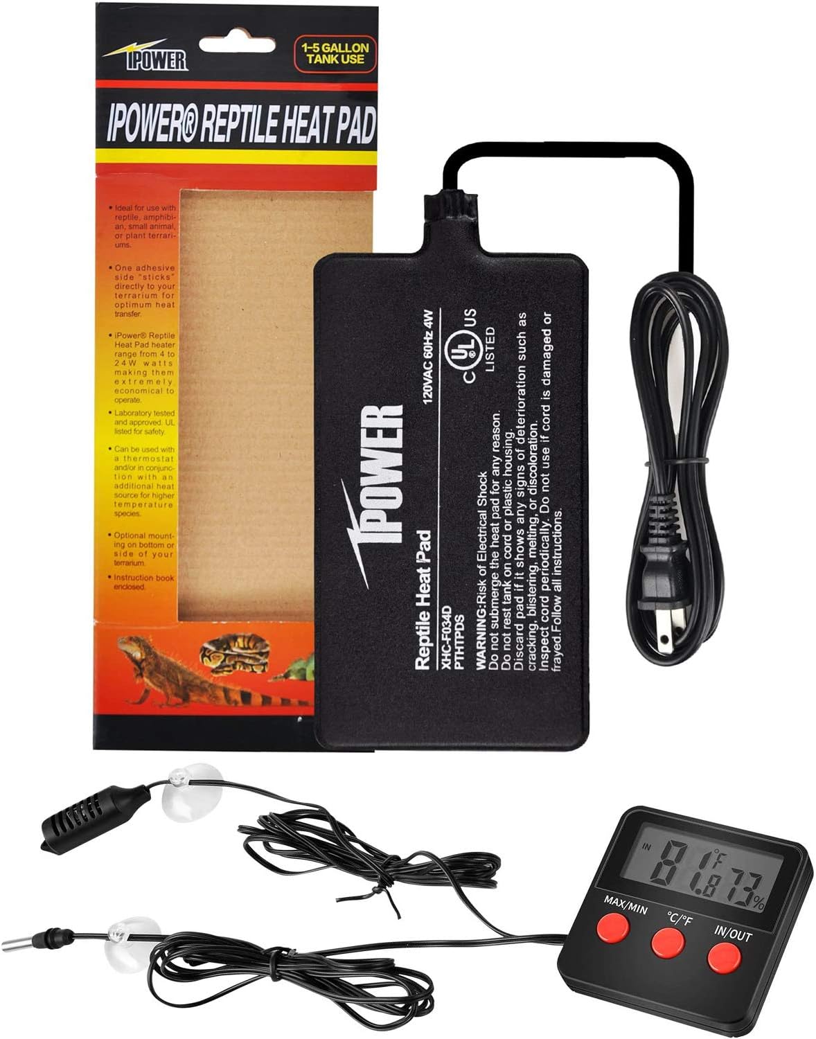 iPower 4″x7″ Reptile Heat Mat Under Tank Terrarium Heater Warmer Heating Pad, Digital Thermometer and Hygrometer with Temperature and Humidity Probe for Amphibian Pet and Small Animals iPower 4″x7″ Reptile Heat Mat Under Tank Terrarium Heater Warmer Heating Pad, Digital Thermometer and Hygrometer with Temperature and Humidity Probe for Amphibian Pet and Small Animals