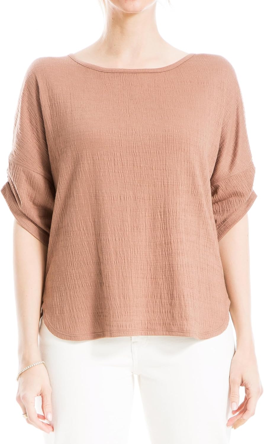 Max Studio Womens Crinkle Jersey Cinched Sleeve Knit Top