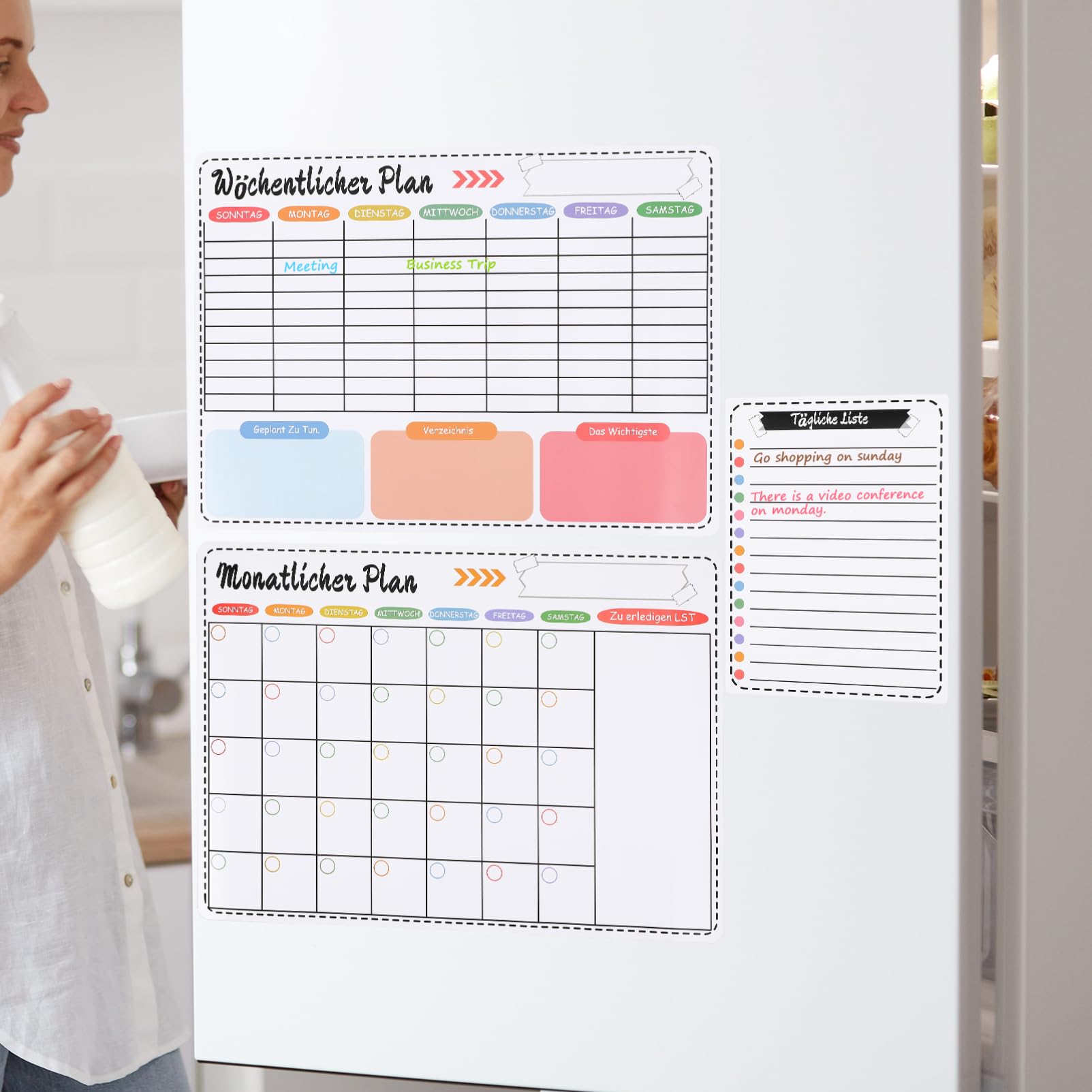 Magnetischer Wochenplaner für Kühlschrank mit Monatsübersicht | Abwischbare Oberfläche, Viel Schreibfläche, für Küche und Büro, Weiß, Kunstharz