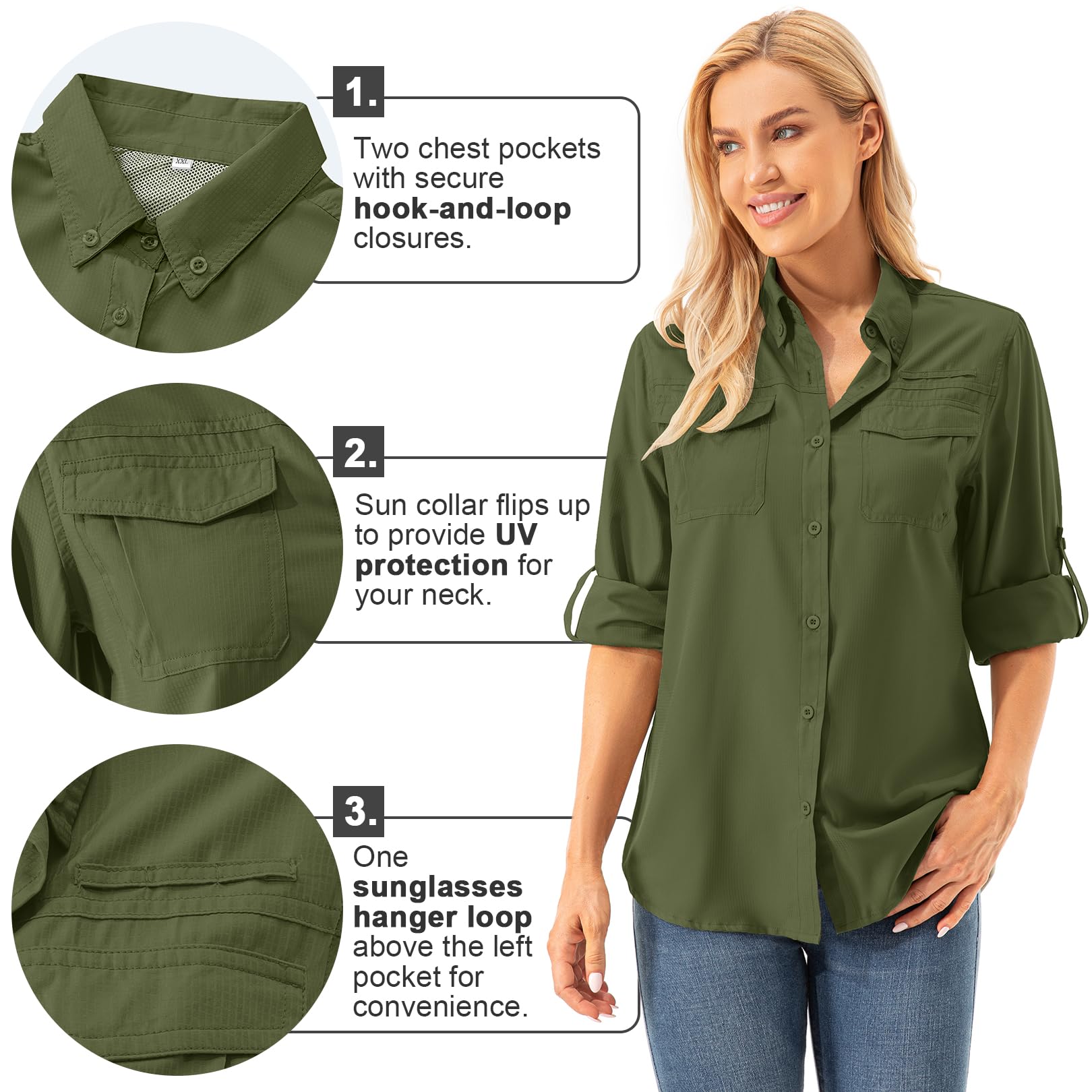 Blusa de mujer con protección UV UPF 50+, ropa de safari, blusa de senderismo para mujer, de secado rápido, protección solar, de manga larga