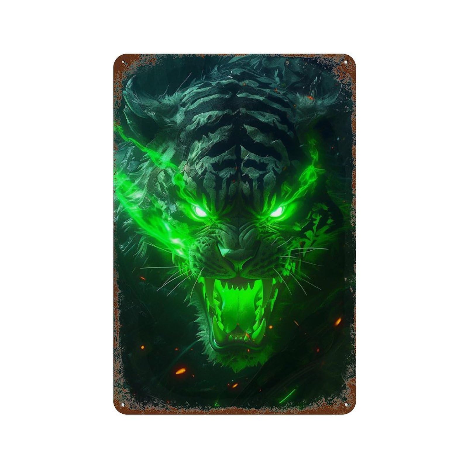 Rust Effect Green Tiger Roar Aged Metal Wall Plaque 11.8"x7.9", Shabby Chic Decor for Living Room, Hallway And Home Decor