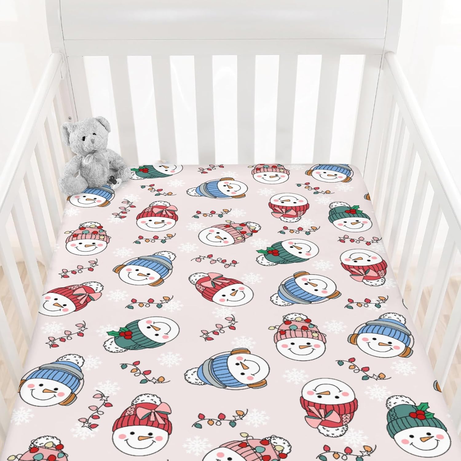 Christmas Snowman Bows Lights Baby Crib Sheets Cute Winter Snowman Snowflakes Soft Baby Sheets Festive Holiday Fitted Crib Mattress Cover for Standard Crib & Toddler Bed Mattress 52"x28"