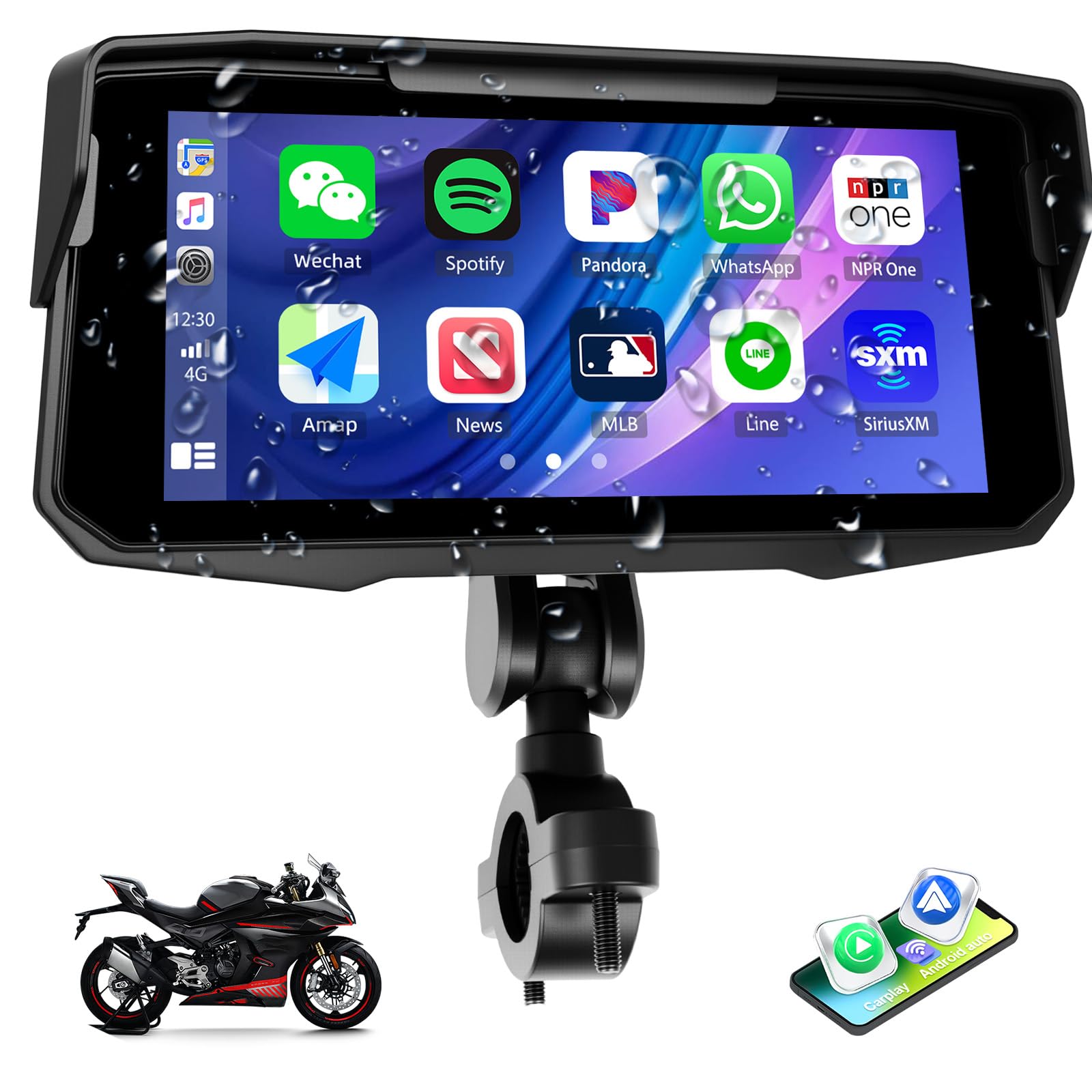 SIXWIN Moto Carplay Schermo, Senza Fili CarPlay e Android Auto,Portatile da 6.68 Pollici Touchscreen Navigazione Moto con Doppio Bluetooth/Airplay/Android Cast/IP67 Impermeabile/Equalizzatore