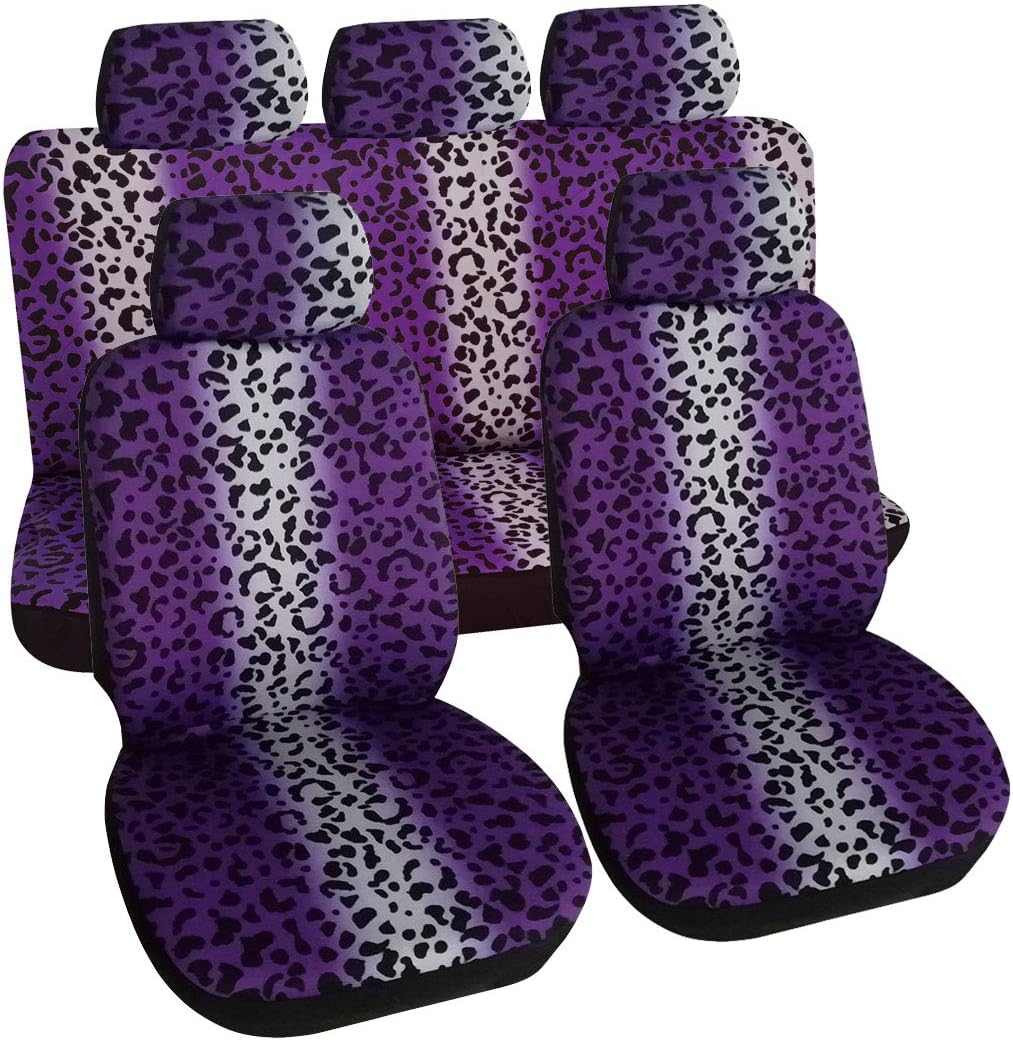 Leopard Animal Print Car Seat Covers Full Set Vehicle Seat Protector Car Covers for Auto Cars Sedan SUV Automotive Interior Accessories Purple