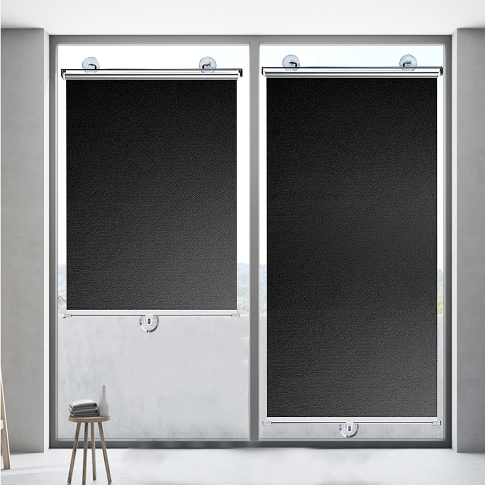 Balcony Suction Cup Titanium silver fabric Sunshade Blackout Privacy Screen Curtain Opaque Temporary Blinds Black Required Versatile Portable Drape for Door Car Home Window (68×125cm)