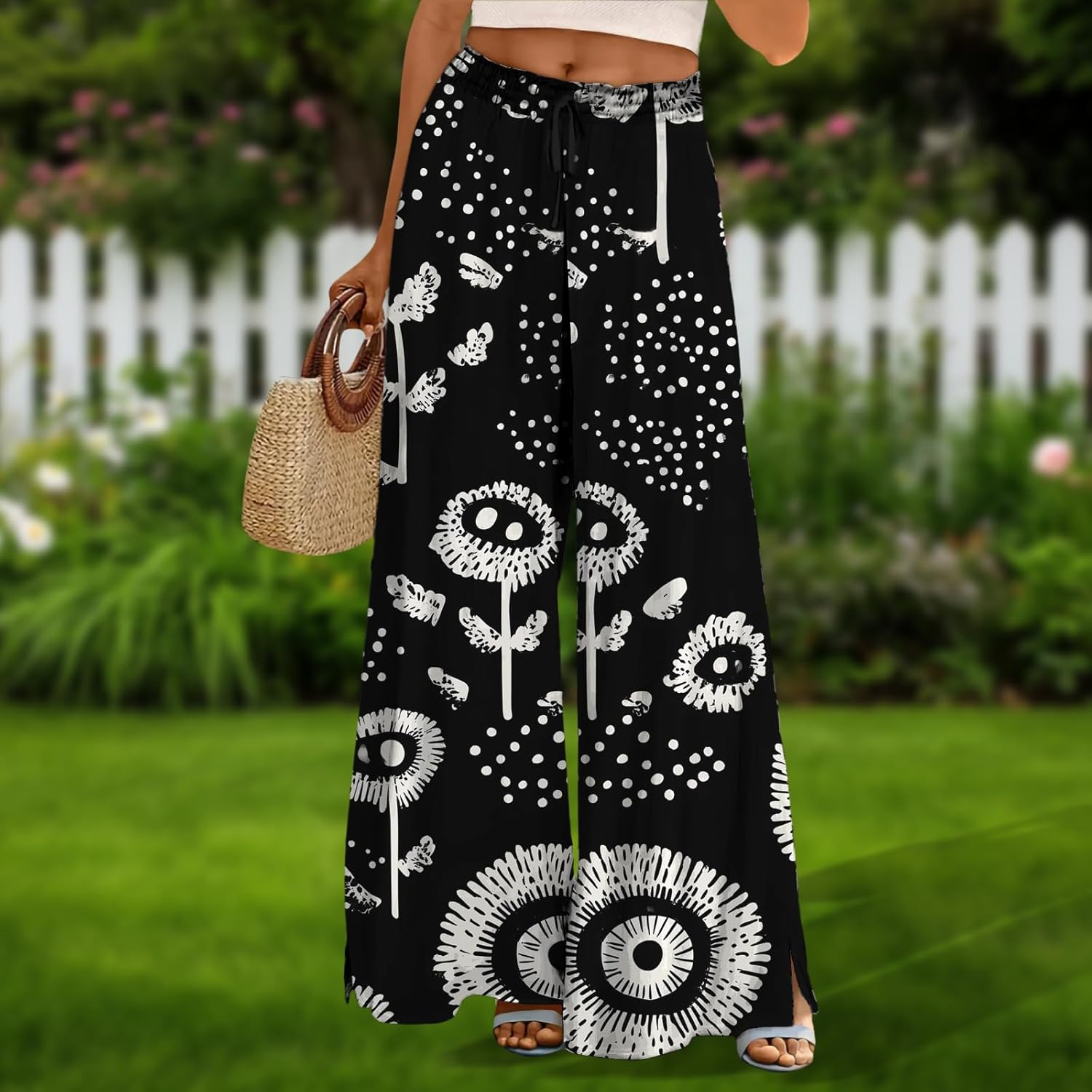 Womens Palazzo Pants Summer Casual Wide Leg High Waist Drawstring Floral Print Bohemian Trousers - Image 2