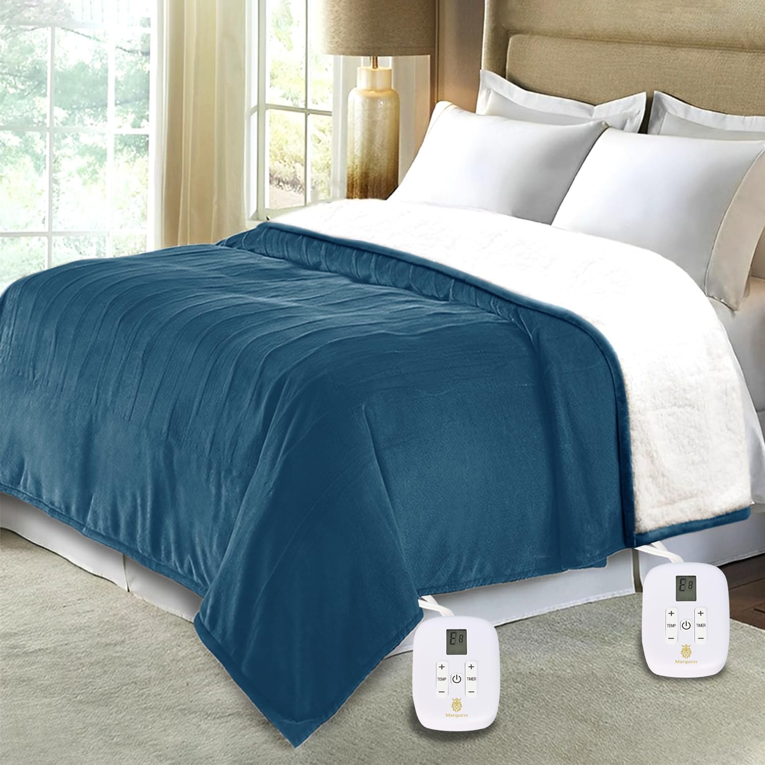 Marquess King Size Electric Blanket with Dual Control,Flannel Sherpa Washable and Comfortable Heated Blanket with 10 Heat Settings, Safety 10 Hours Auto-Off(King, Navy)