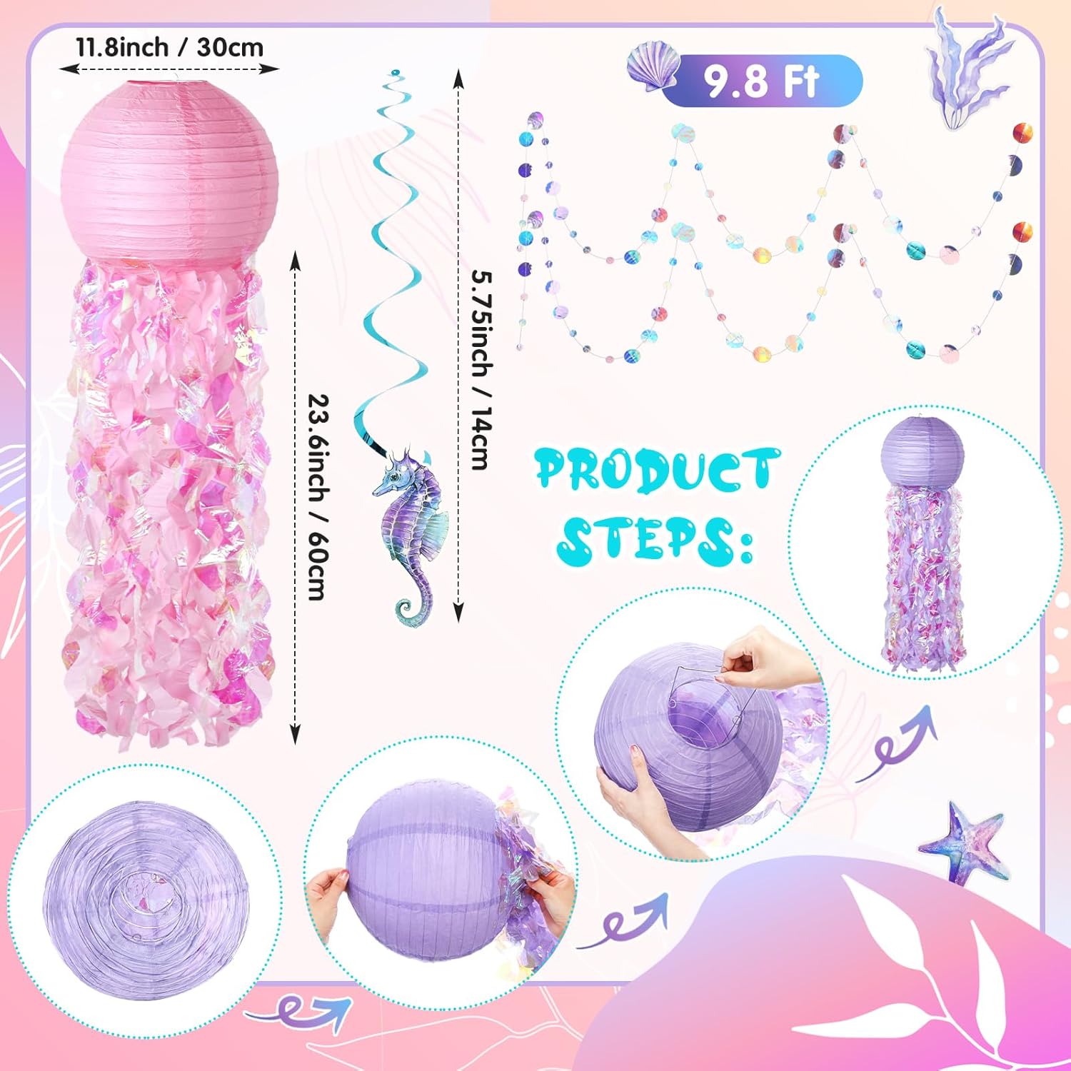 18 Pcs Mermaid Party Decorations Jellyfish Paper Lanterns Hanging Mermaid Garland Under The Sea Ocean Theme Party Supplies for Baby Shower Birthday Classroom Decoration