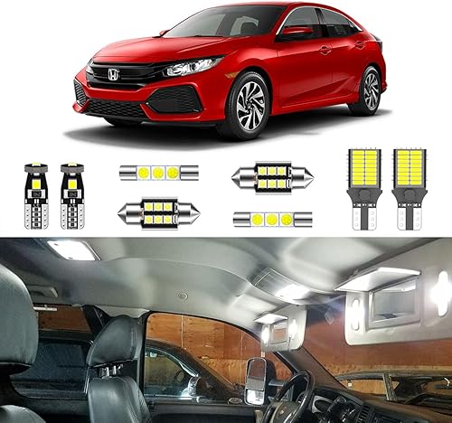 Paquete de 6 luces LED blancas superbrillantes para interiores Honda Civic 2016 2017 2018 2019 2020 2021 + luces de matrícula y herramienta de