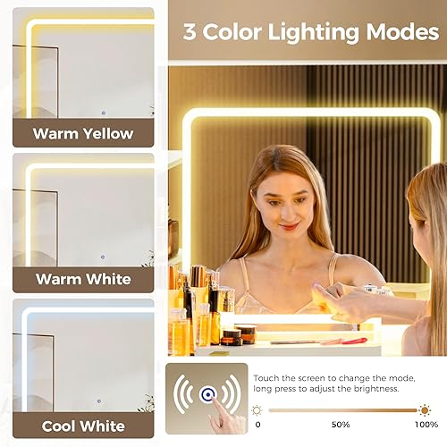 Miniatura 4 de COMHOMA Tocador de Maquillaje con Espejo y Luces, Mesa de Tocador Grande con 6 Cajones y 1 Armario de Almacenamiento, Mesa de Tocador Blanca para