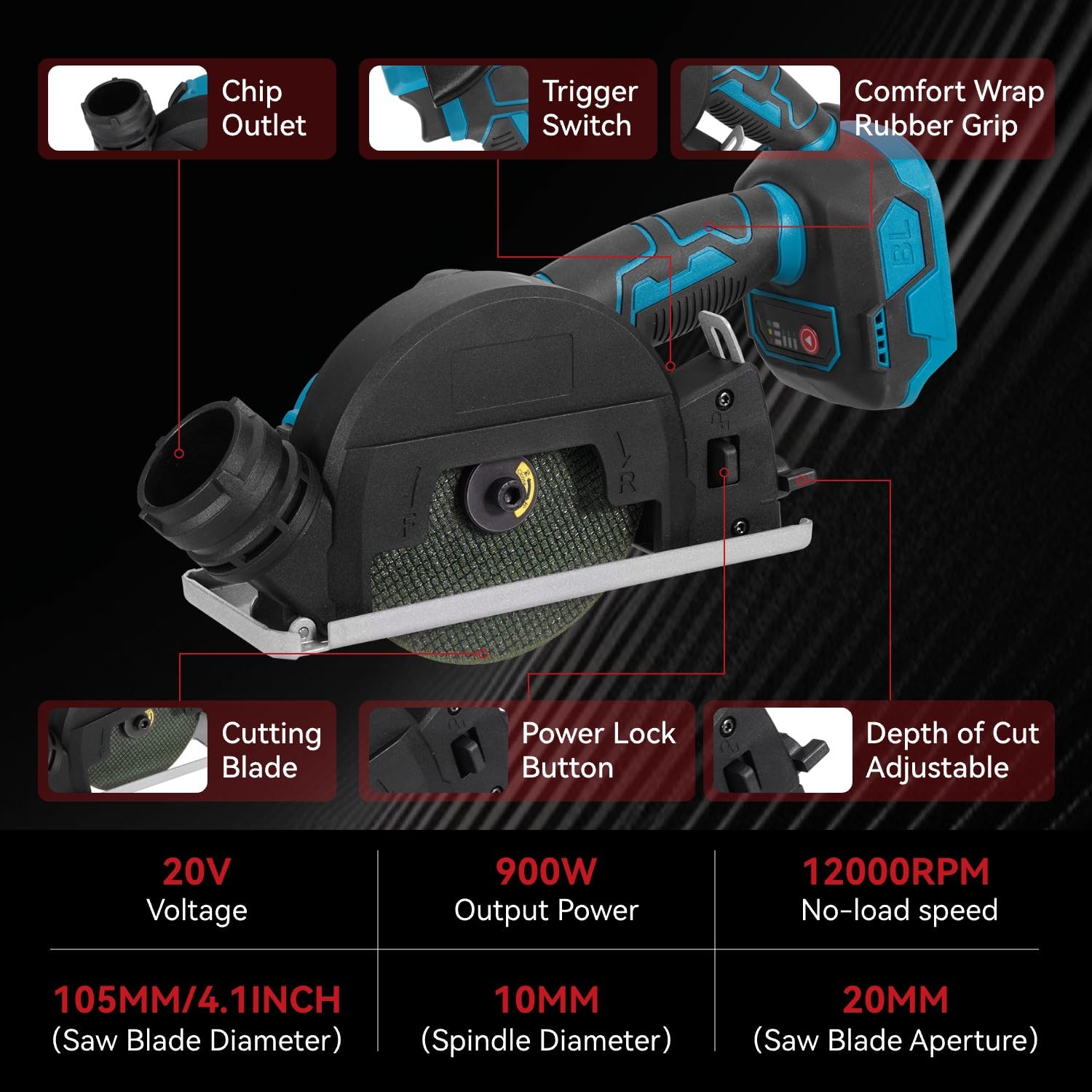 ONEVAN Amoladora angular eléctrica de 4 pulgadas con motor sin escobillas y dos baterías de 4 mAh, potencia 900 W, velocidad 12.000 rpm, viene con 7 hojas de sierra