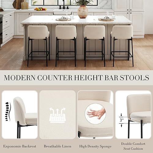 Miniatura 4 de Juego de 2 taburetes modernos de lino de 26 pulgadas, taburetes de bar tapizados beige con respaldo cómodo, sillas de comedor altas, sillas de isla