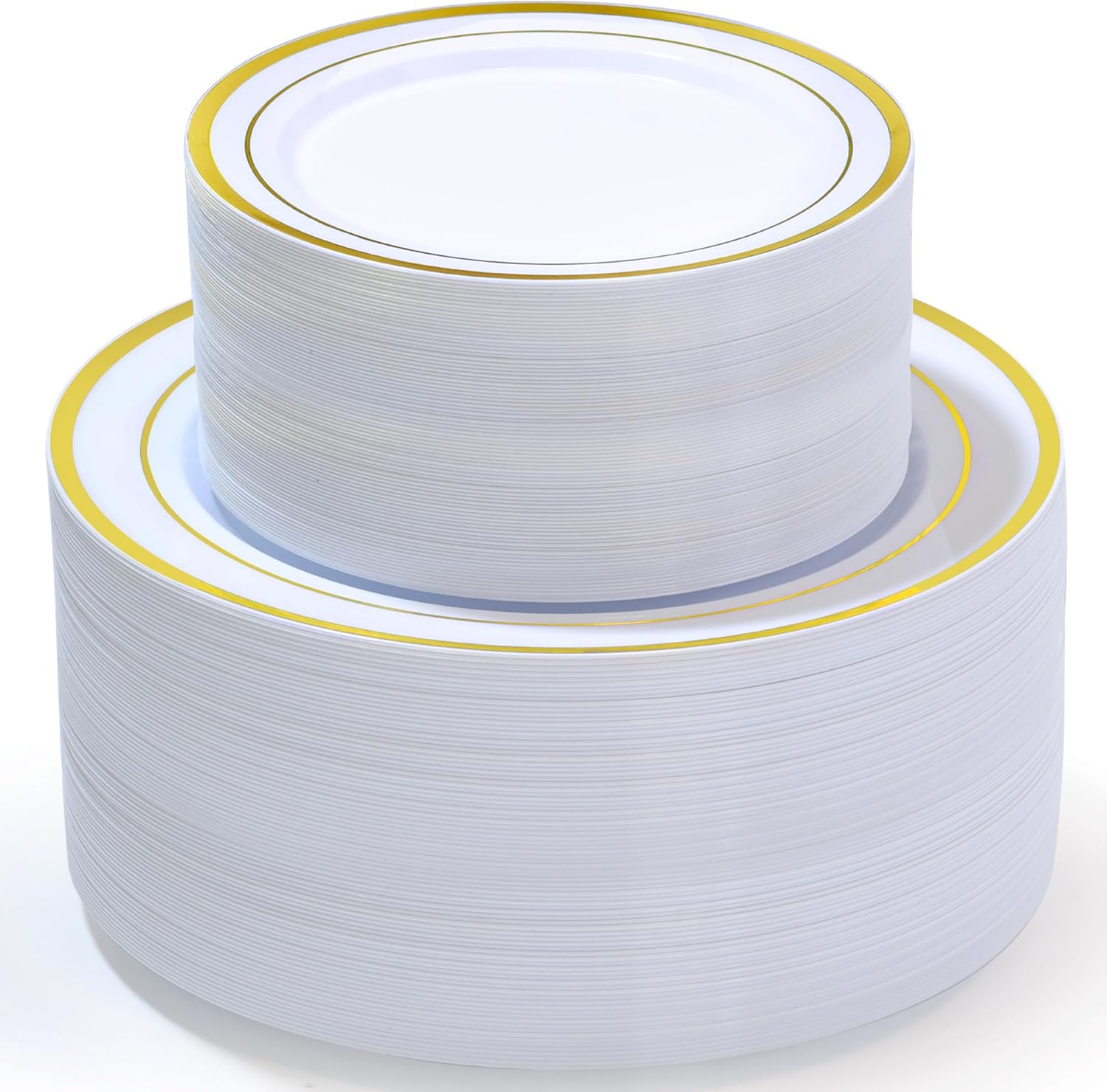 200 PCS Gold Plastic Plates Disposable, White and Gold Plastic Plates Include 100 Dinner Plate and 100 Dessert Plate Perfect for Holiday, Party & Wedding