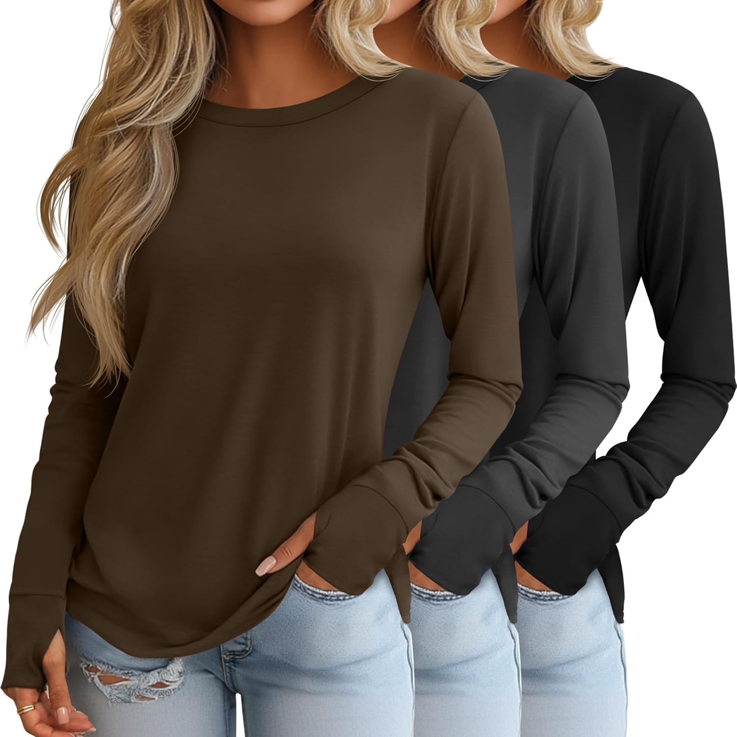 Huukeay 3 Pack Women's Long Sleeve Shirts with Thumb Holes, Cotton Casual Crew Neck Tunic Tops Fall Loose Y2k Trendy Outfits