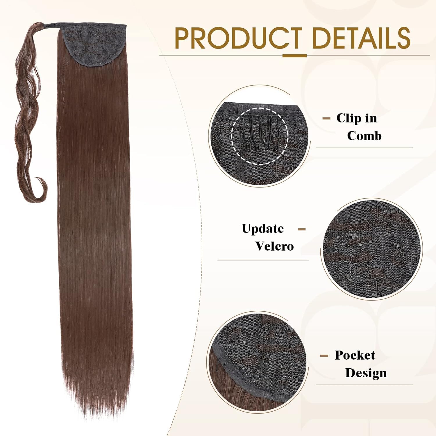 Benehair Cola de Caballo Extensiones 81 cm Largo Liso Coleta Postiza Pelo Natural Postizos de Pelo Natural Sintética Ponytail Extension para Mujeres Marrón