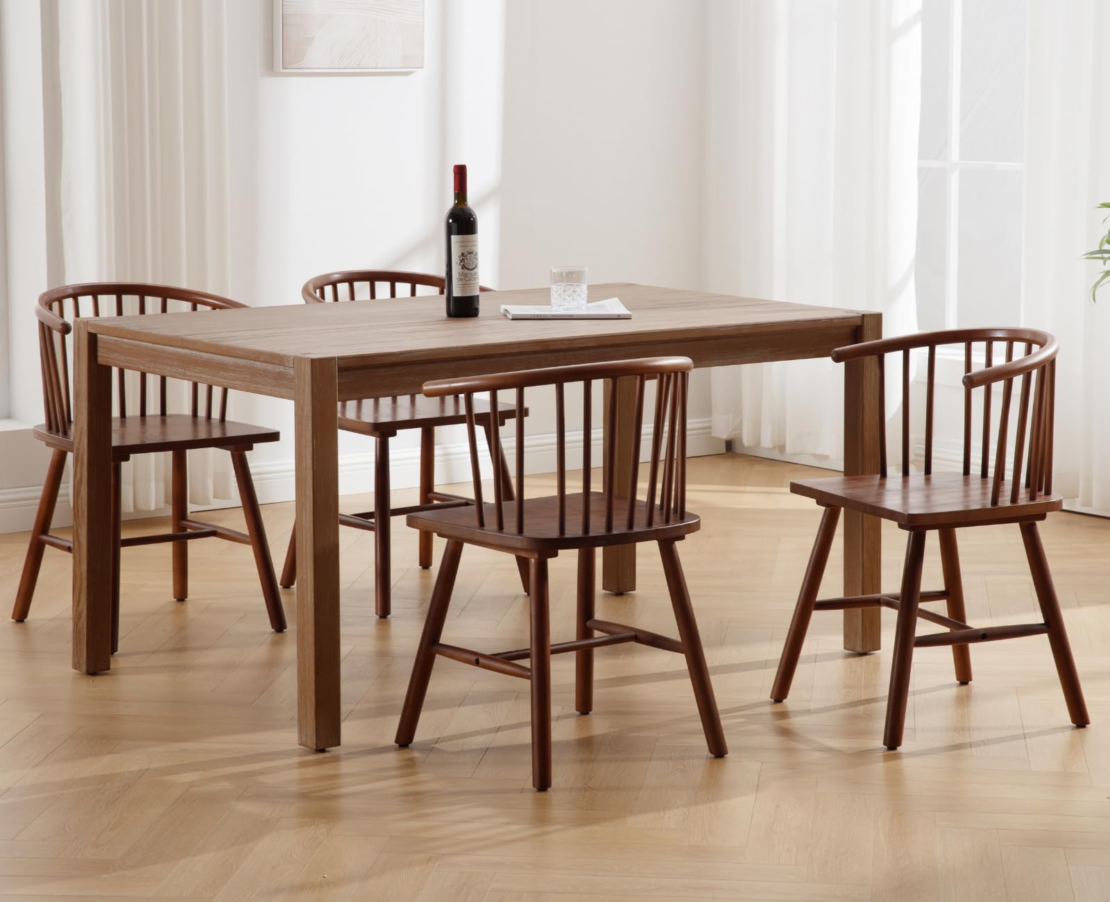 Walnut Dining Chairs Set 6 Farmhouse Spindle Arms Curved Back Windsor Brown image 4