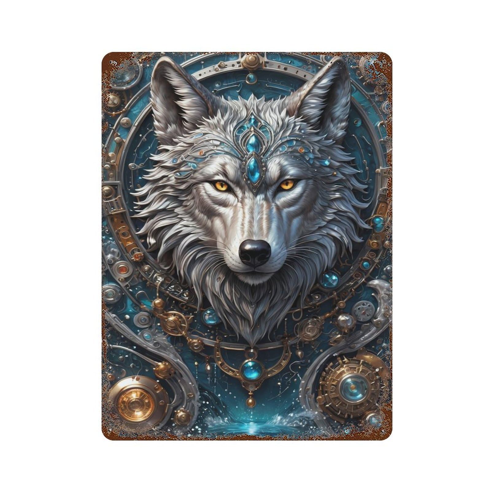 Garage Style Lunar Sentinel Wolf Rusty Metal Tin Sign 15.7"x11.8", Novelty Wall Decor for Bar And Workshop