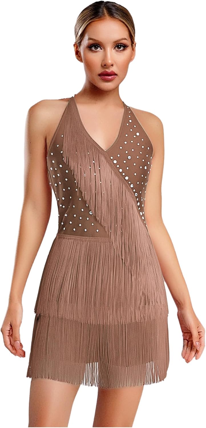 Women's Rhinestone Latin Dance Costume Samba Rumba Tango Sleeveless Fringe Dance Dress Cocktail Dress
