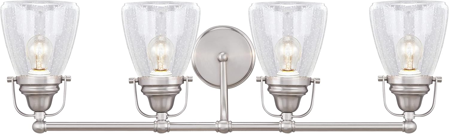 Aspen Creative 62100, Four-Light Metal Bathroom Vanity Wall Light Fixture, 32 1/2" Wide, Transitional Design in Brushed Nickel with Clear Seedy Glass Shade