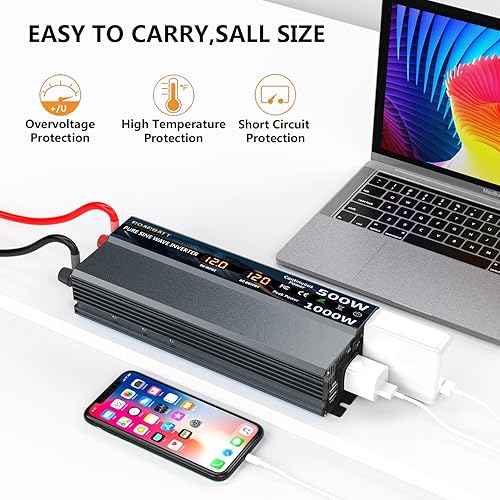 Miniatura 4 de Inversor de corriente de onda sinusoidal pura de 500 W, 12 V CC a CA, 110 V, 120 V, potencia máxima, 1000 W, con 2 salidas de CA, inversor de