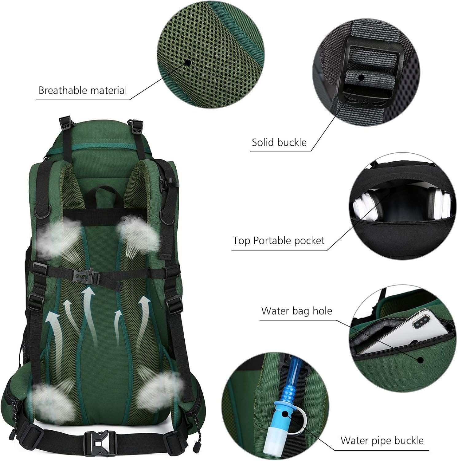 Weikani Hiking Backpack 65+5L with Internal Frame For Men Women, High-Performance Backpack for Travel, Camping, Backpacking Mountaineering (Green)