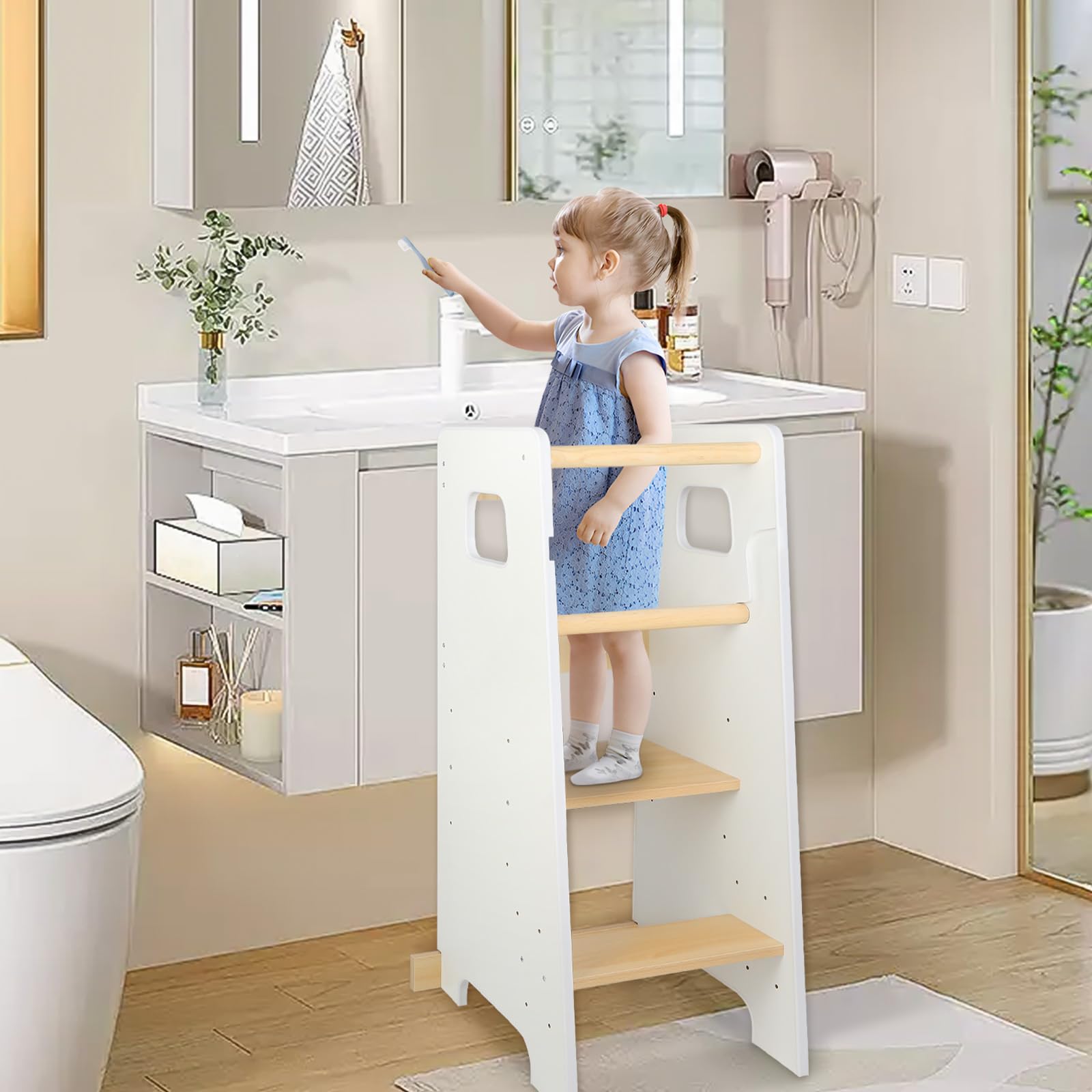 Lernturm aus Holz, höhenverstellbar – Montessori Hocker für Kinder Baby ab Ständer – Beobachtungsturm für Kinder mit rutschfesten Streifen – 90 x 42 x 40 cm – Weiß