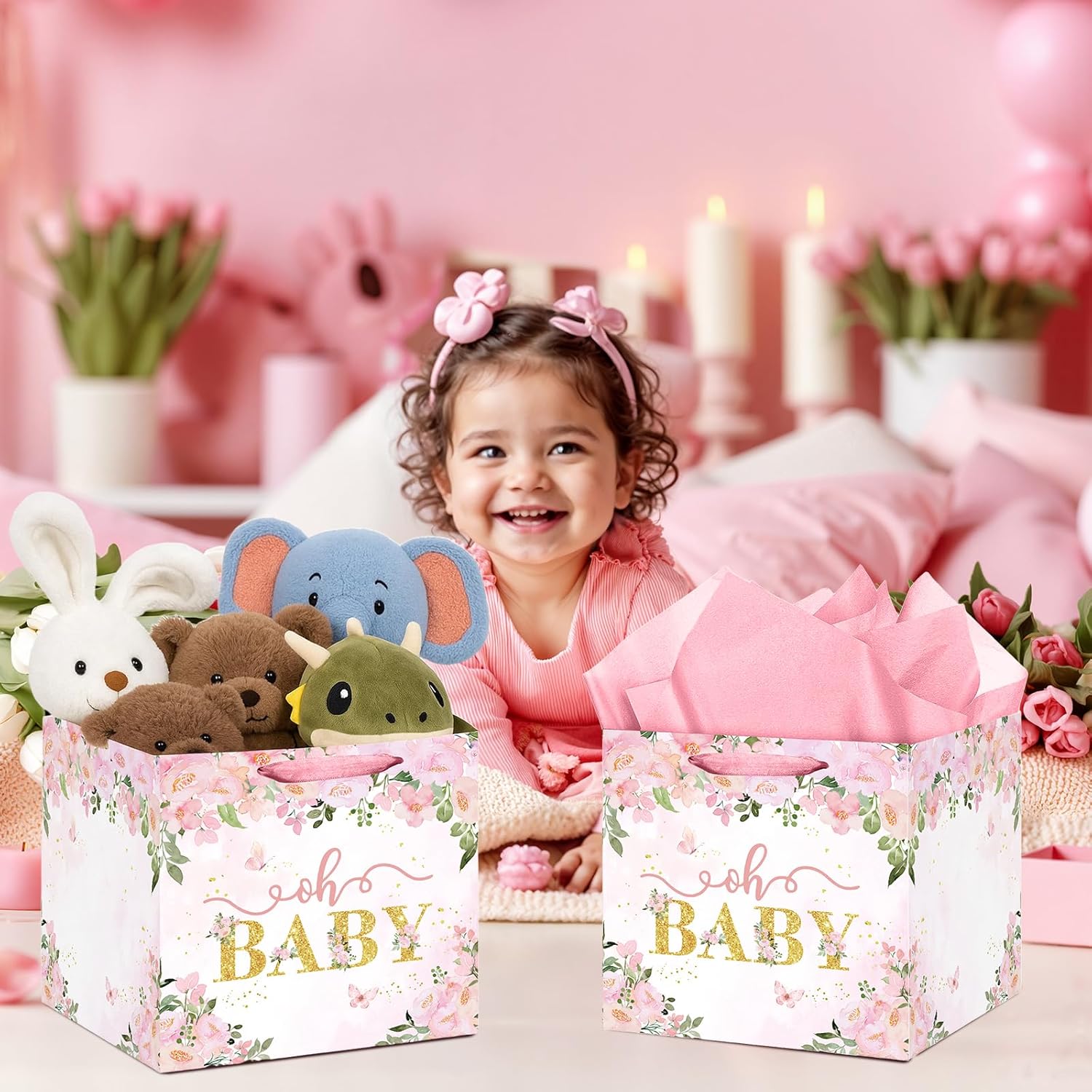 Extra Large Baby Gift Bag, Pink Floral Square Gift Bags Baby Shower Wrapping Paper Bag with Tissue Paper Oh Baby Jumbo Gift Bags for Sweet Baby Girl New Parents Gender Reveal Party Favors - Image 6