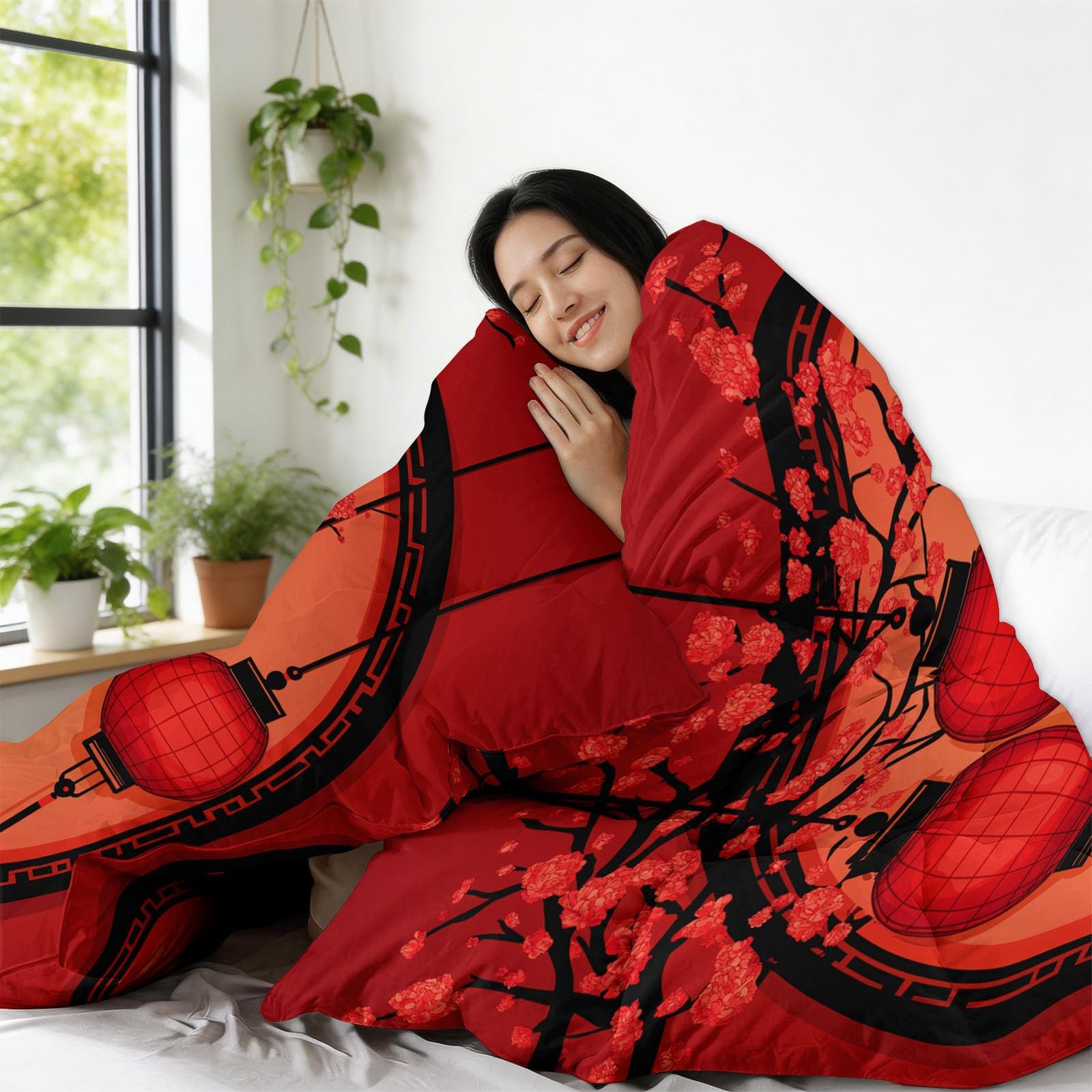 CozyRest Piumone Rosso per tutte le stagioni, 4 stagioni motivo Lanterna cinese - per chi soffre di allergie microfibra- 260x240 cm con 2 federa 50 x 80 cm