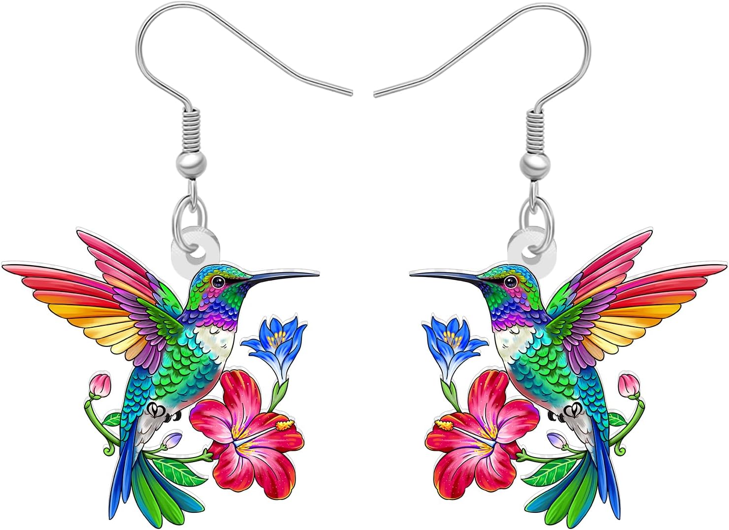 BONSNY Colorful Blue Hummingbird Earrings Birds Lovers Dangle Flower Jewelry for Women Hawaii Beach Accessories Funny Novelty Hypoallergenic Spring Summer Charms
