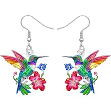 BONSNY Colorful Blue Hummingbird Earrings Birds Lovers Dangle Flower Jewelry for Women Hawaii Beach Accessories Funny Novelty Hypoallergenic Spring Summer Charms